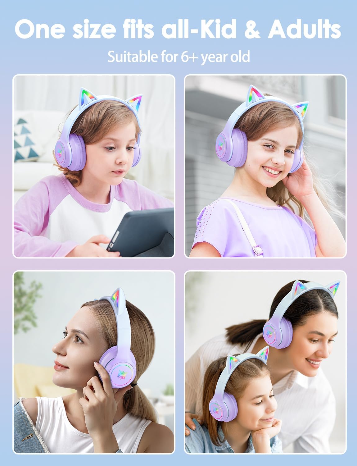Over-Ear Headset FRKIDD3 mit LED-Katzenohren, Erwachsene, 105 dB, Violett