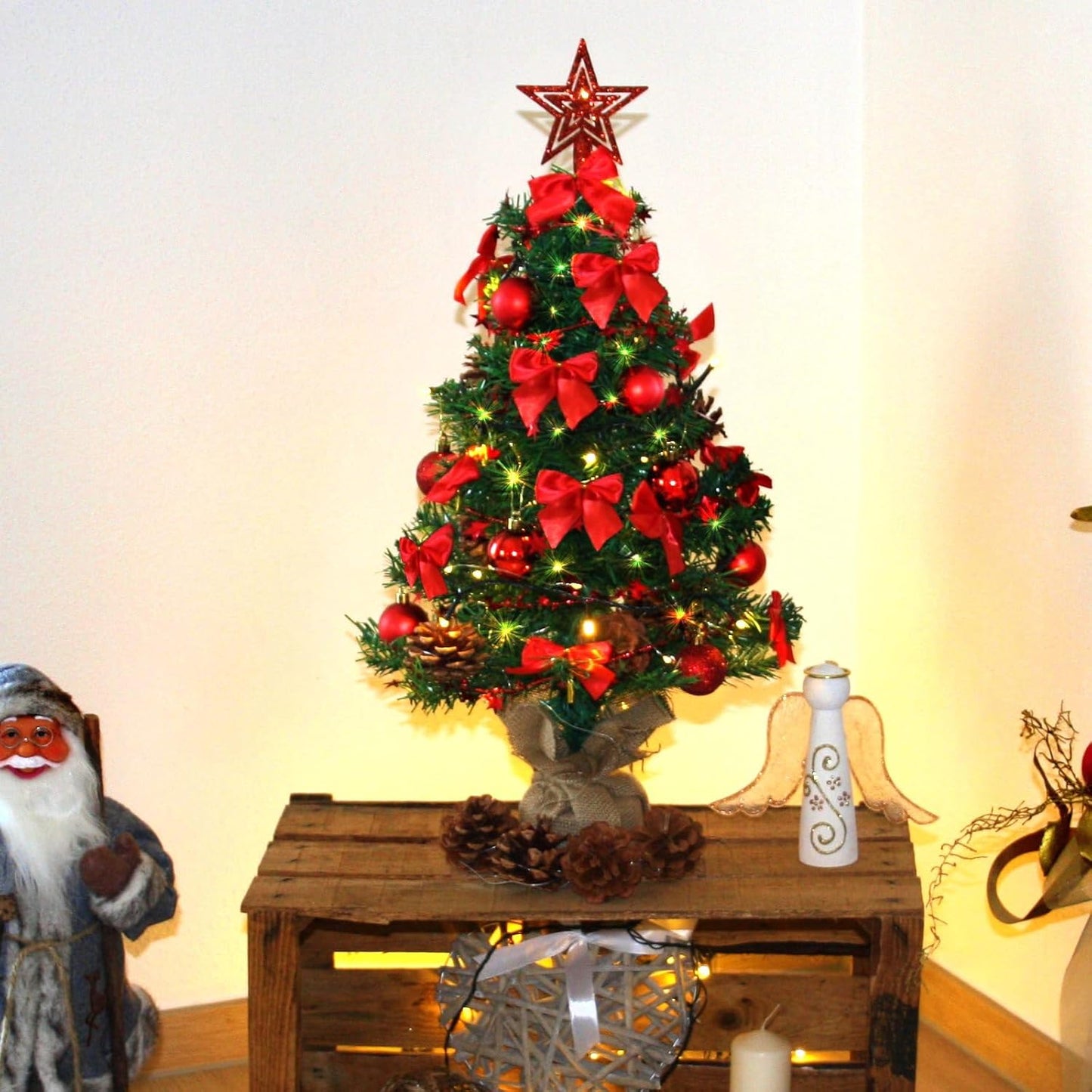 Künstlicher Weihnachtsbaum mit LED & Deko (60 cm), 60 cm Grün-rot-braun+warmweiss
