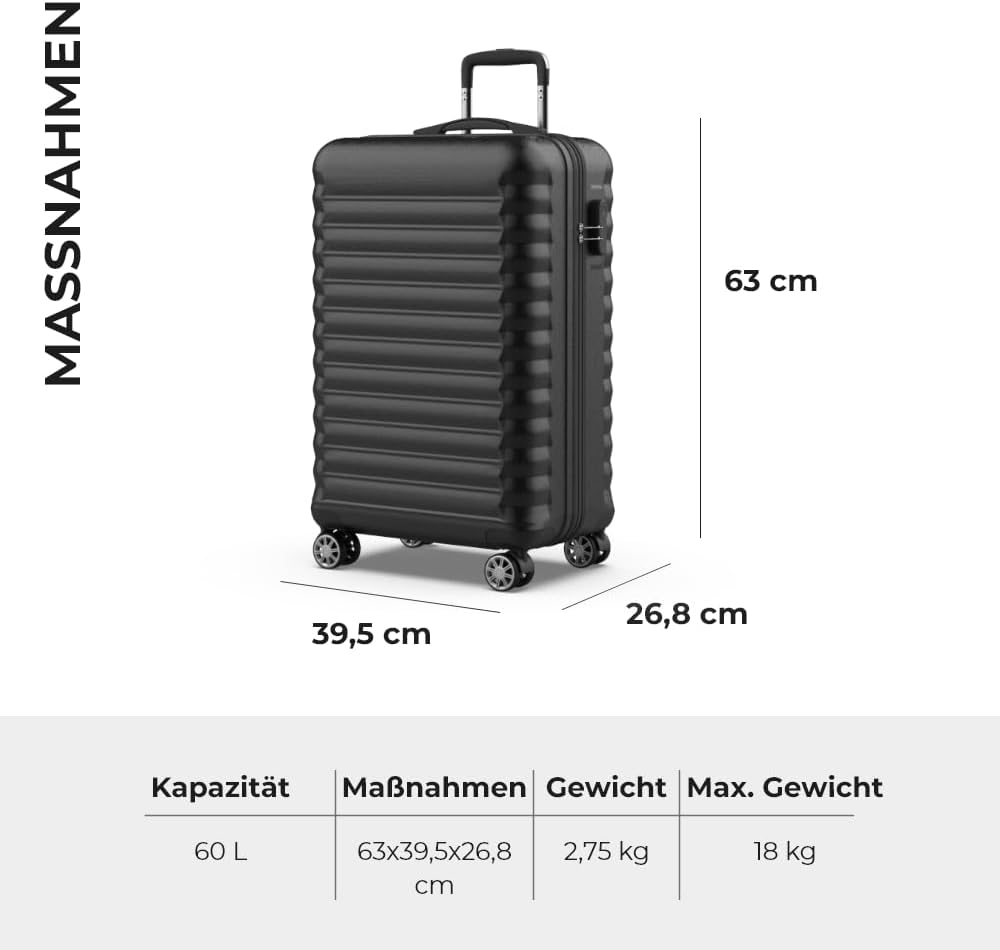 Upfly Hartschalenkoffer mit 360° Rollen, 1. Schwarz 2. 24' Koffer Groß (M)