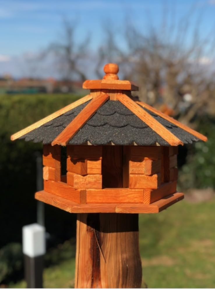 Handgefertigtes Sechseck-Vogelhaus aus Holz (Grösse M), Größe M ohne Ständer Schwarz - Braun