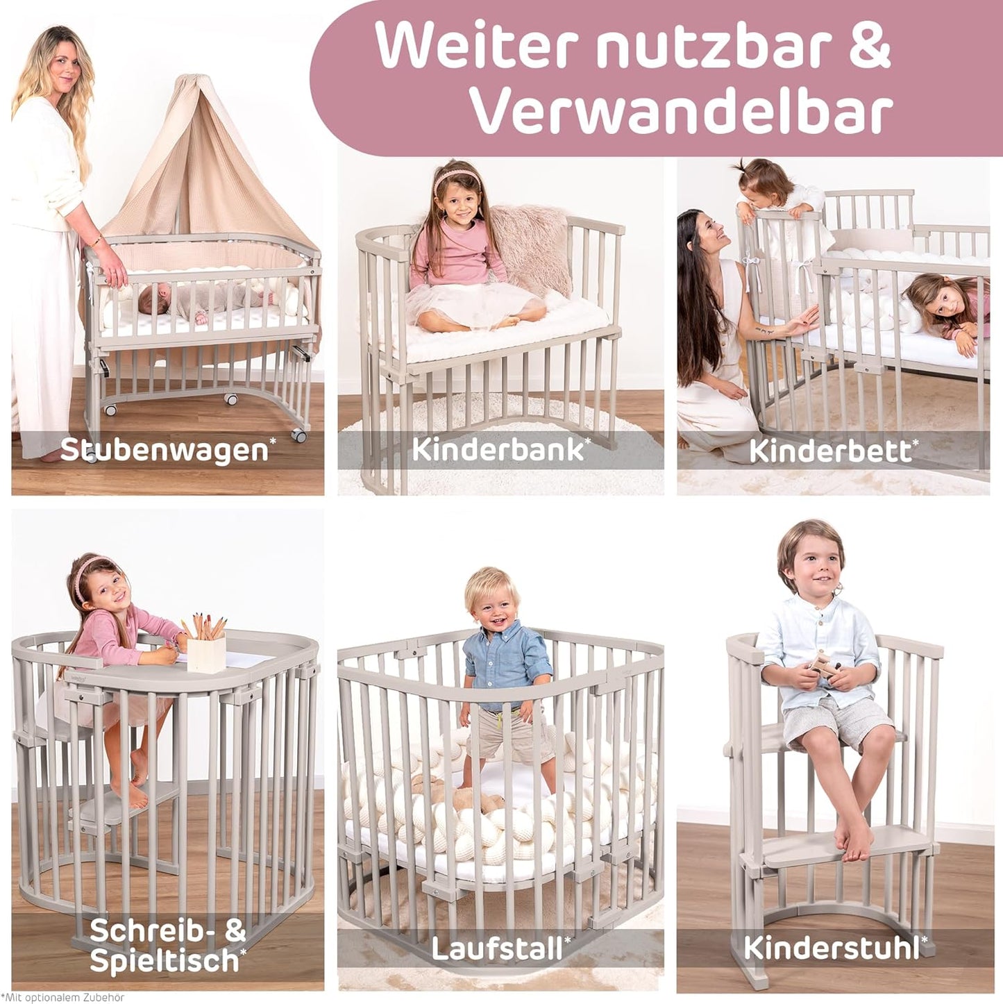 Höhenverstellbares Beistellbett mit Matratze, Beige Lackiert / 87L x 46B x 79H cm / Mit Matratze