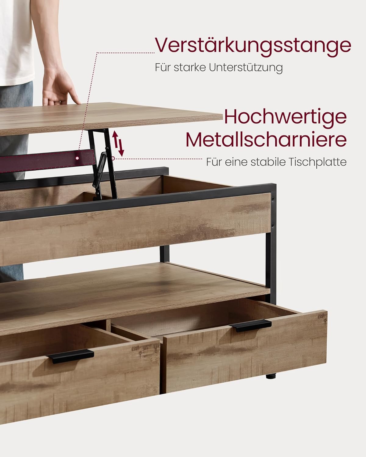 Höhenverstellbarer Couchtisch mit Schubladen, 100B cm| Kamelbraun + Tintenschwarz