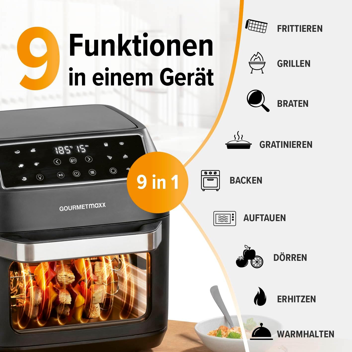 Heissluftfritteuse mit 10 Funktionen und Zubehörset, Mattschwarz 12 Liter
