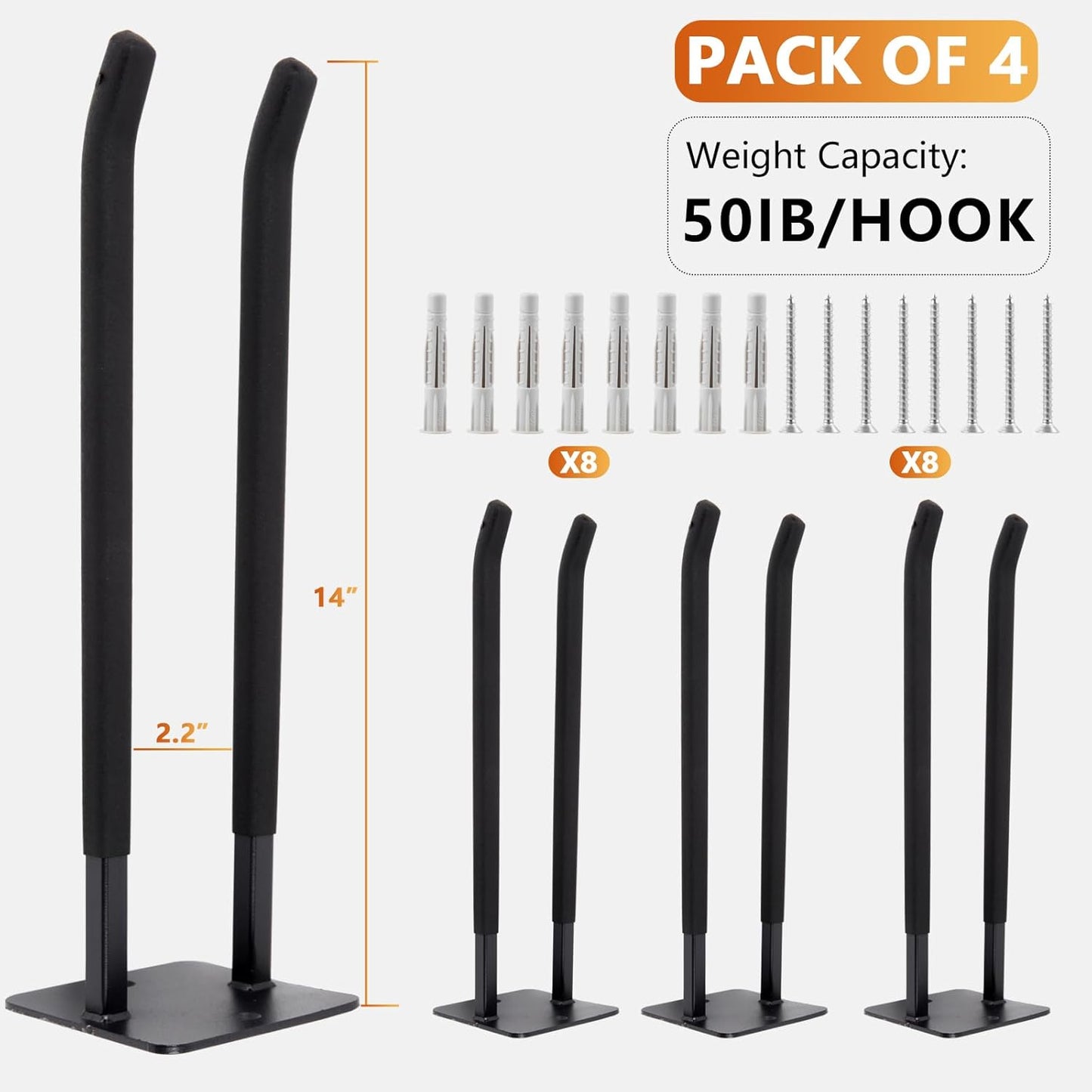4-teiliges Garagenhaken-Set, 4 Stück Vierkantrohrhaken -14"