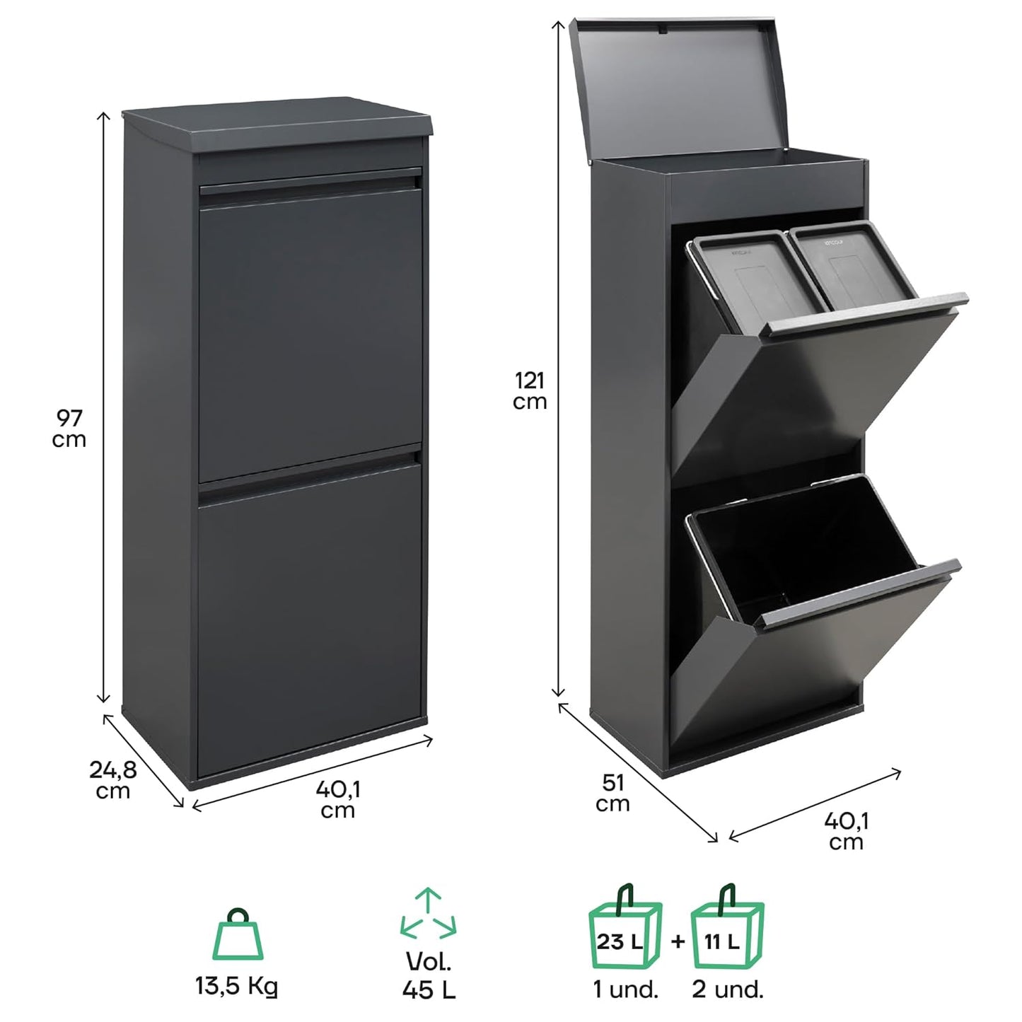 Mülltrennsystem mit Aufbewahrungsbox, Anthrazit Top - Mit Aufbewahrungsbox