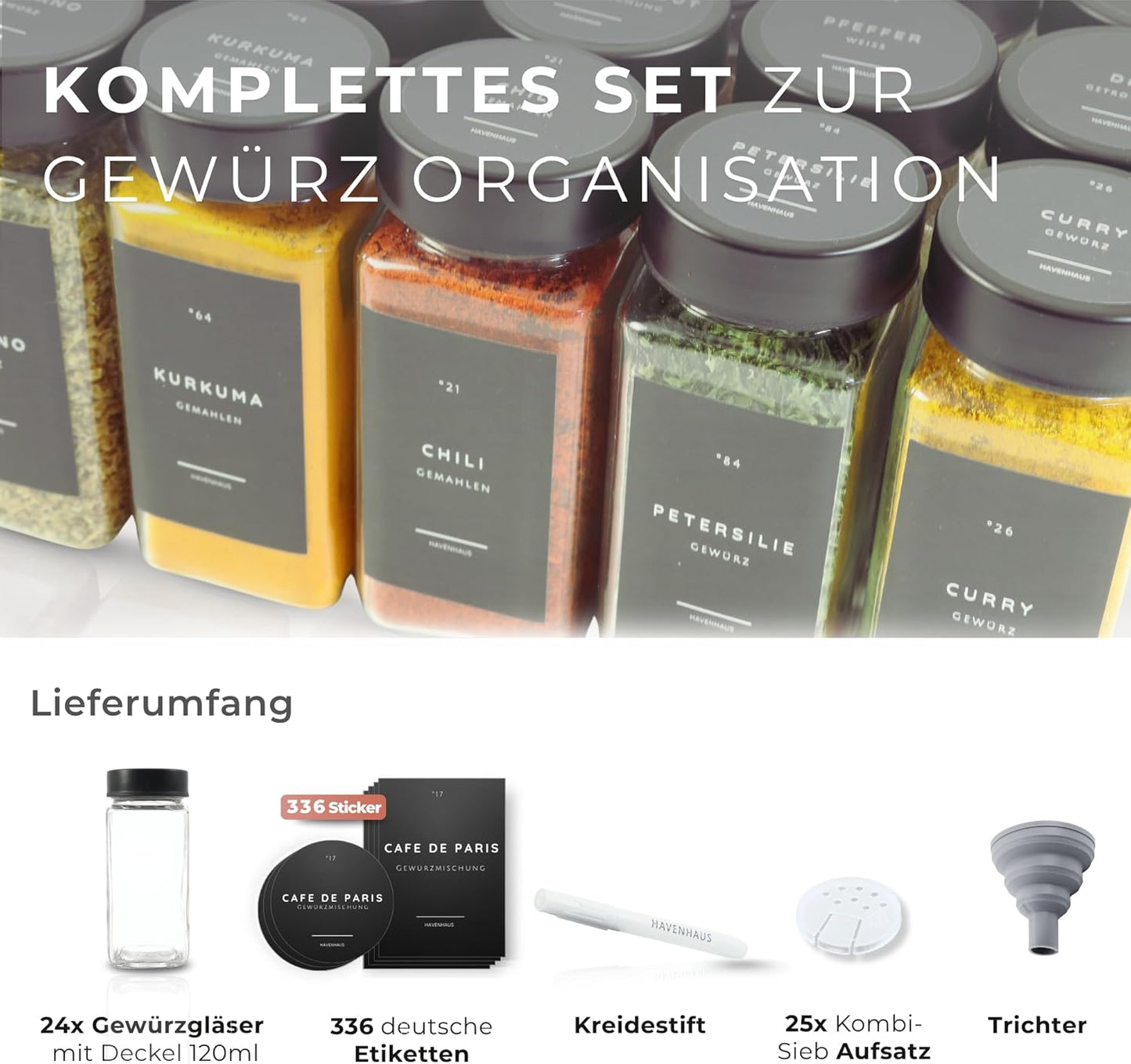 24-teiliges Gewürzgläser-Set mit Etiketten, Edelstahl Schwarz