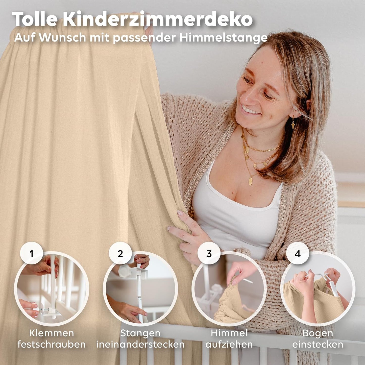 Betthimmel für Babybett, Creme inkl. Himmelstange