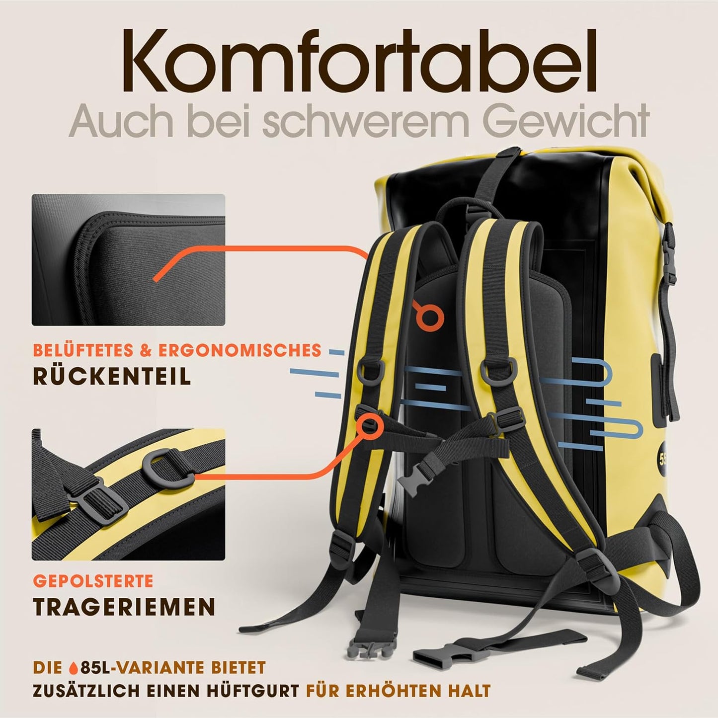 Wasserdichter Rolltop-Rucksack mit Handyhülle, 55L Gelb