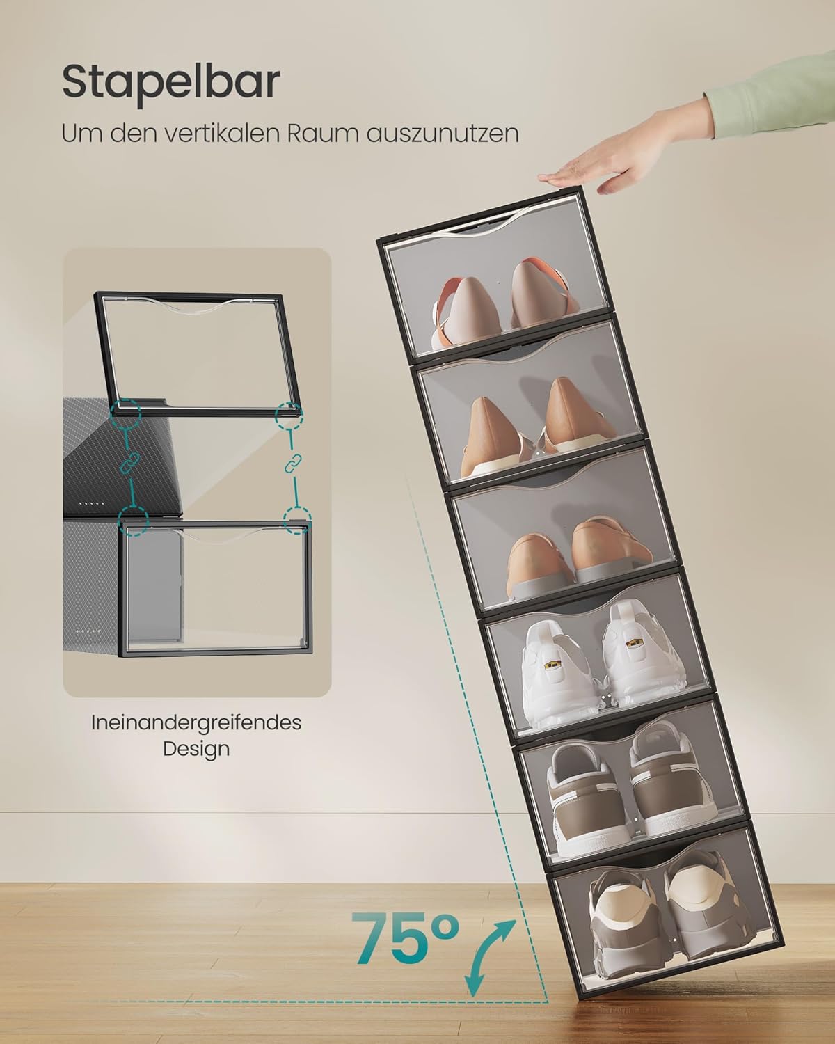12x stapelbare Schuhboxen, Transparent + Tintenschwarz 12