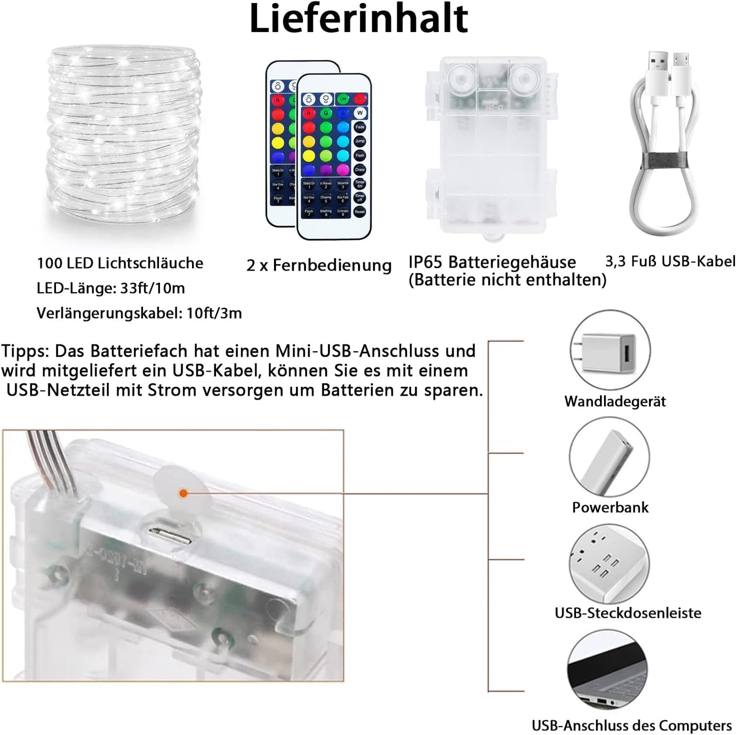 LED Lichtschlauch (10m, USB/Batterie), 10M Batterie & USB