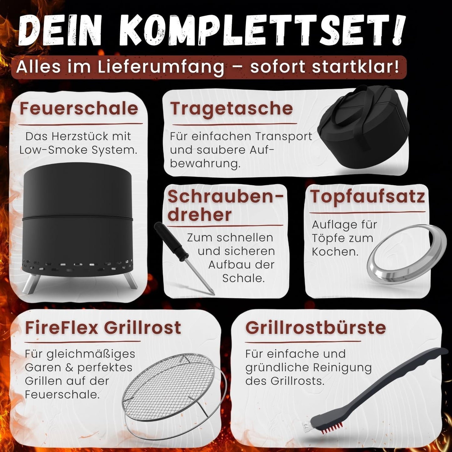 Rauchfreie Feuerschale mit Grillrost, Ø 50 cm Schwarz