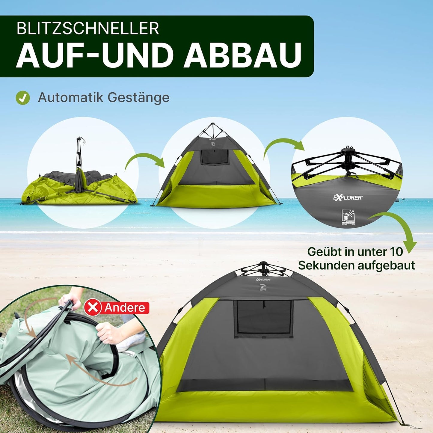 Automatik-Strandmuschel mit UV Schutz 80+, Automatik Grün