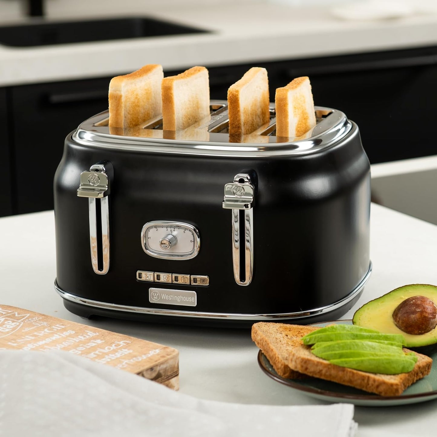 Retro Toaster für 4 Scheiben mit Brötchenaufsatz, Schwarz