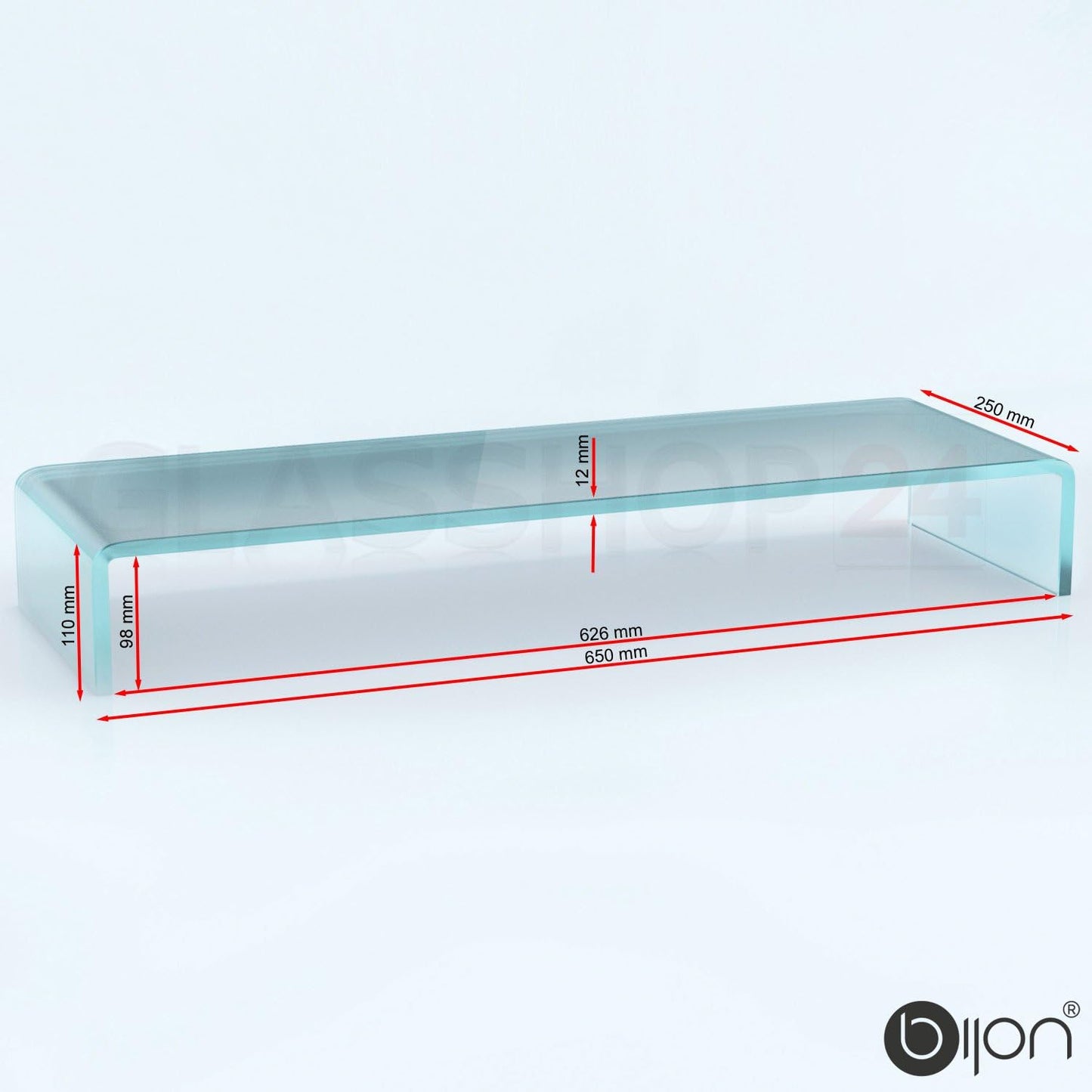 TV- und Monitor-Erhöhung aus Glas, 650x250x110mm Satiniert