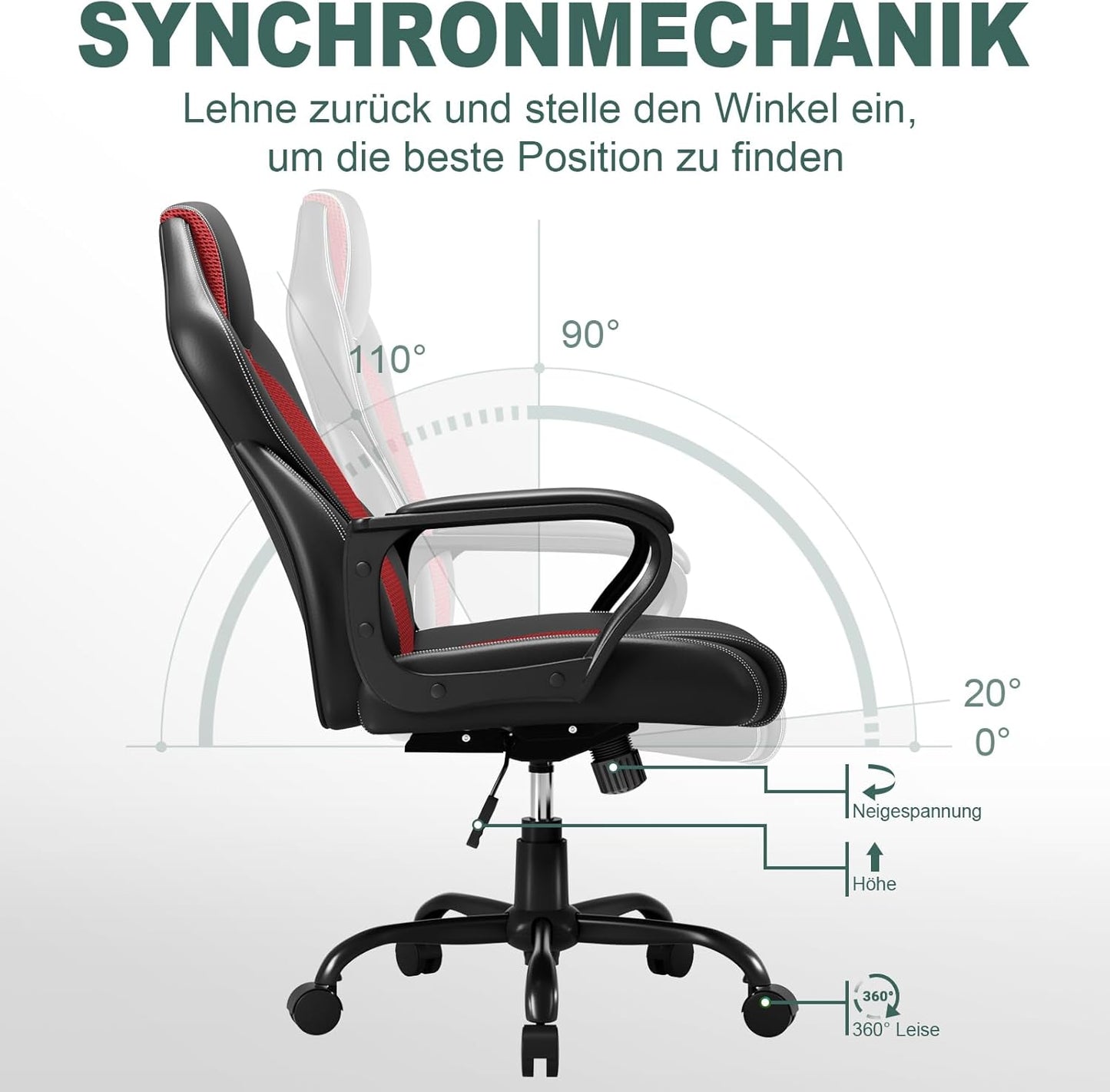 Ergonomischer Racing Schreibtischstuhl mit Wippfunktion, Rot