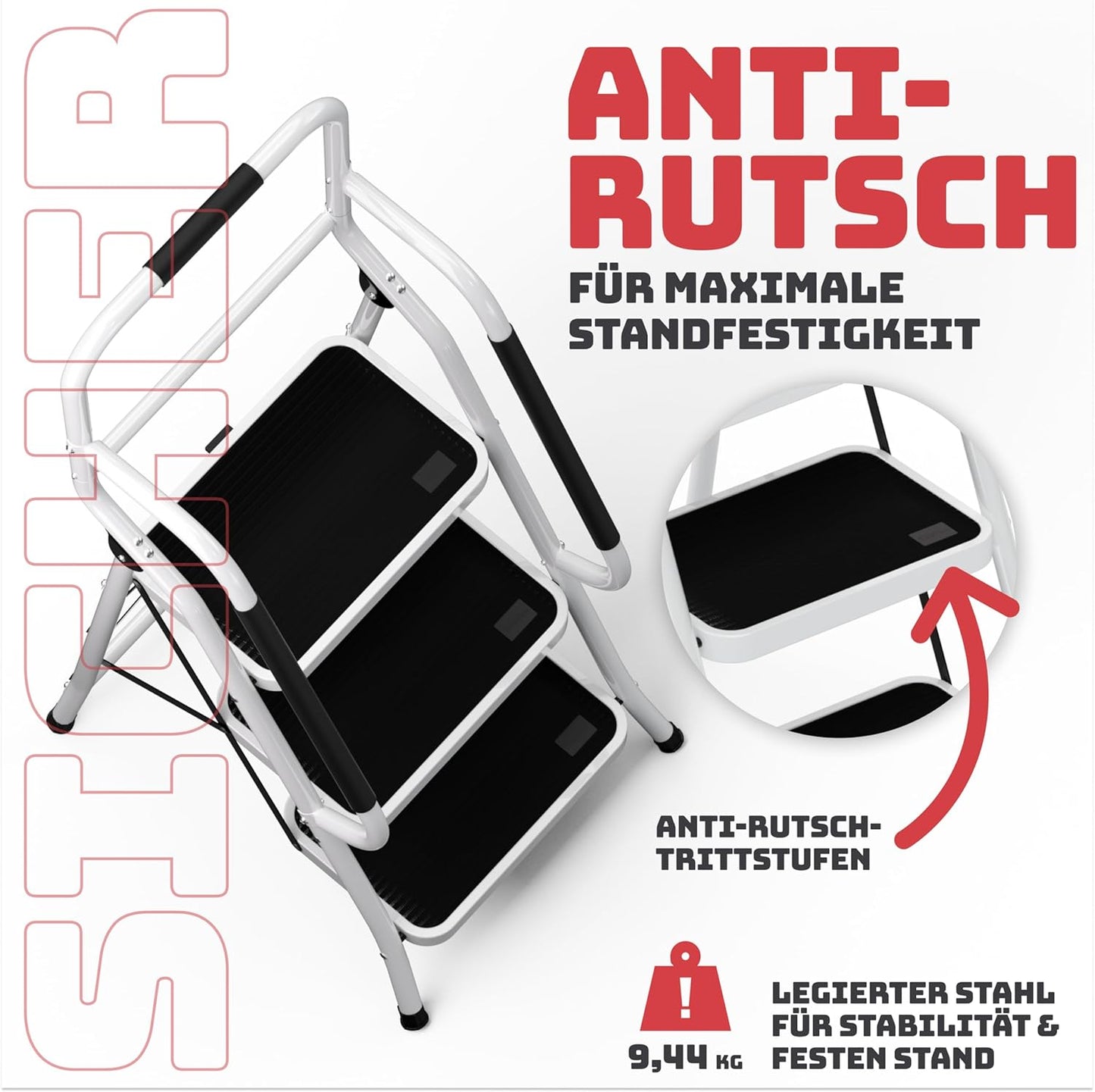 Sicherheitsleiter, 3 Stufen mit Handlauf|Weiss