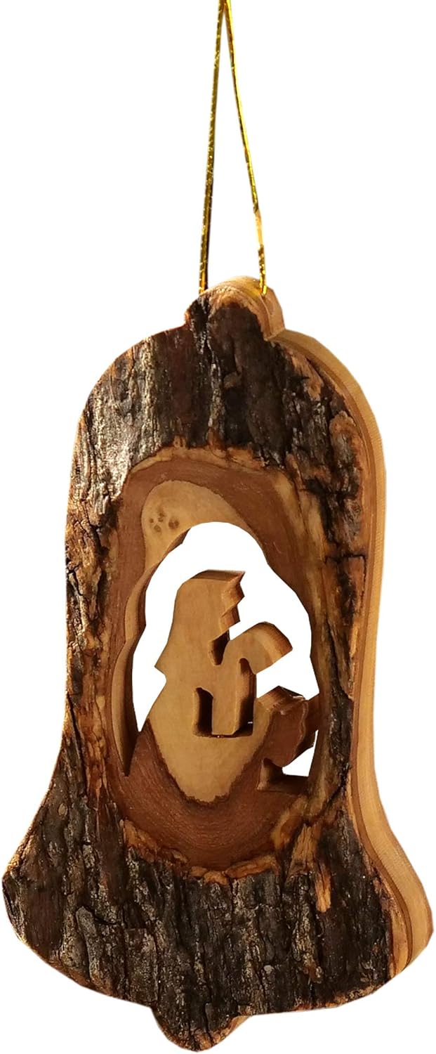 3-teiliges Baumschmuck-Set - Krippe, Glocke mit Rinde