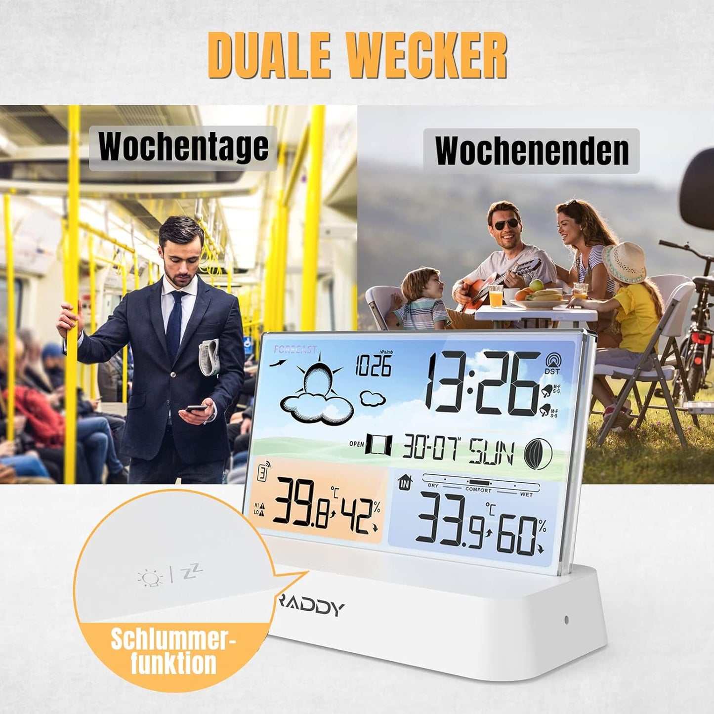Wetterstation DT6 mit DCF Funkuhr und Barometer, Weiss