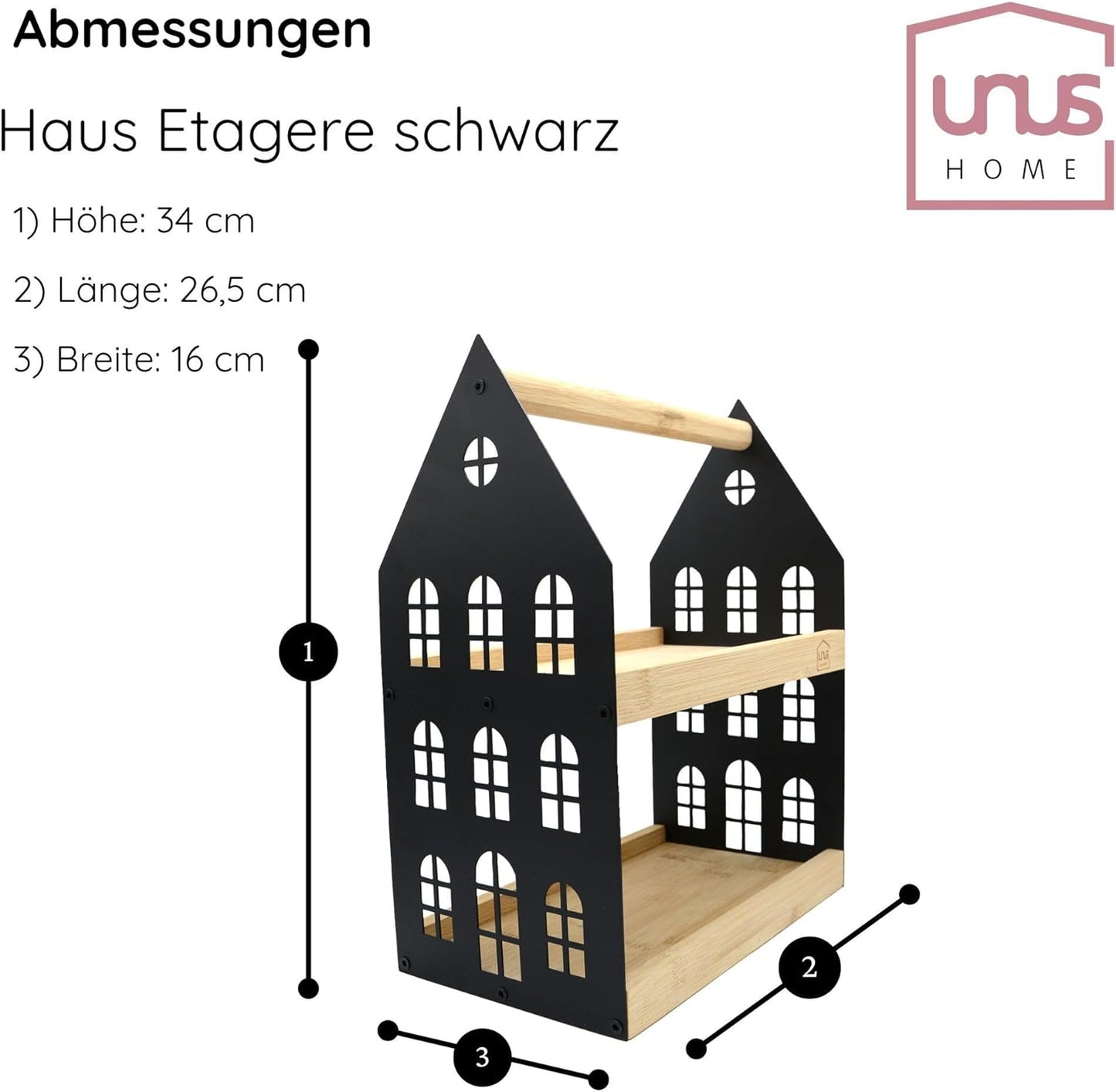 Haus-Etagere mit 2 Etagen und Griff, Schwarz Klein