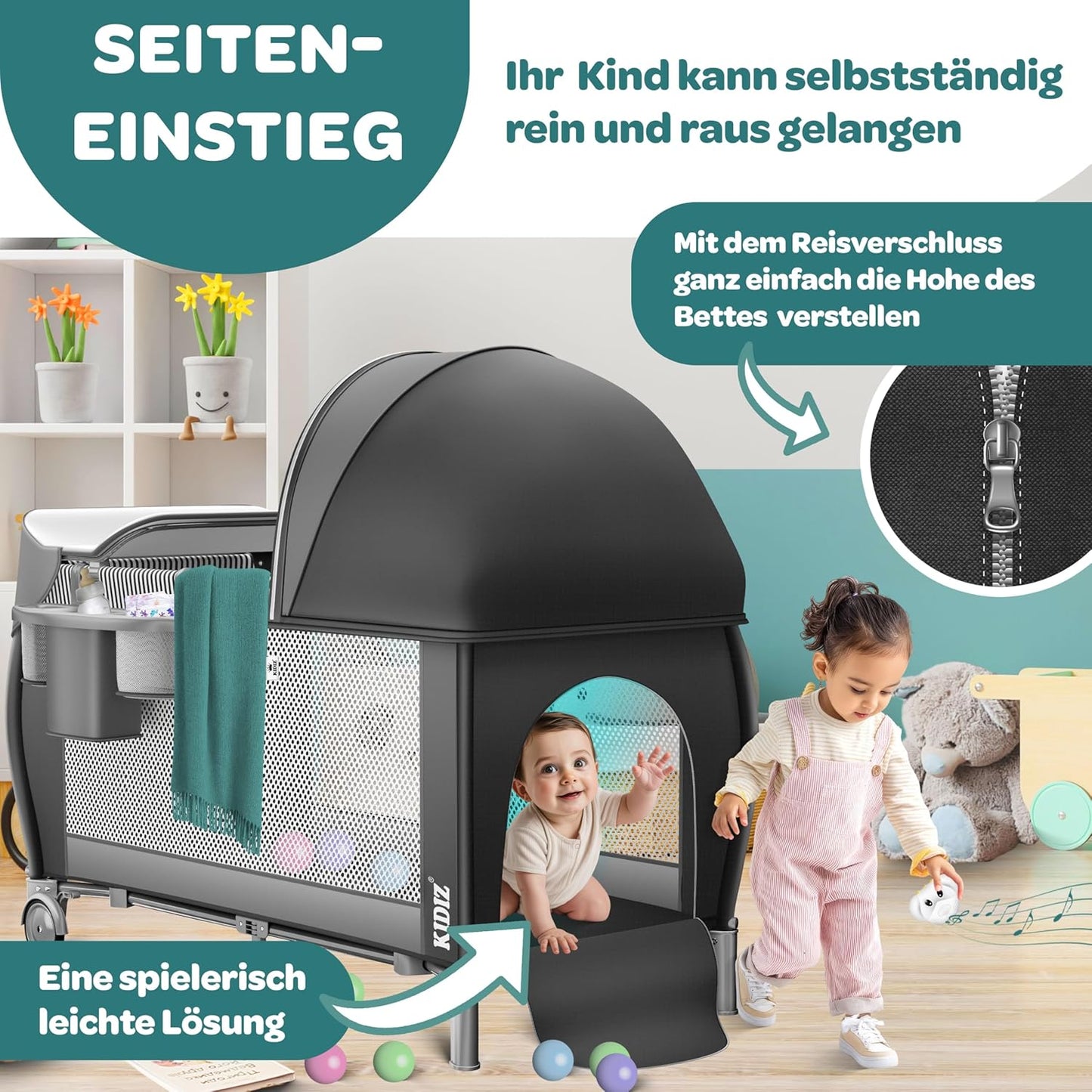 Klappbares Babyreisebett mit Matratze & Zubehör, Schwarz