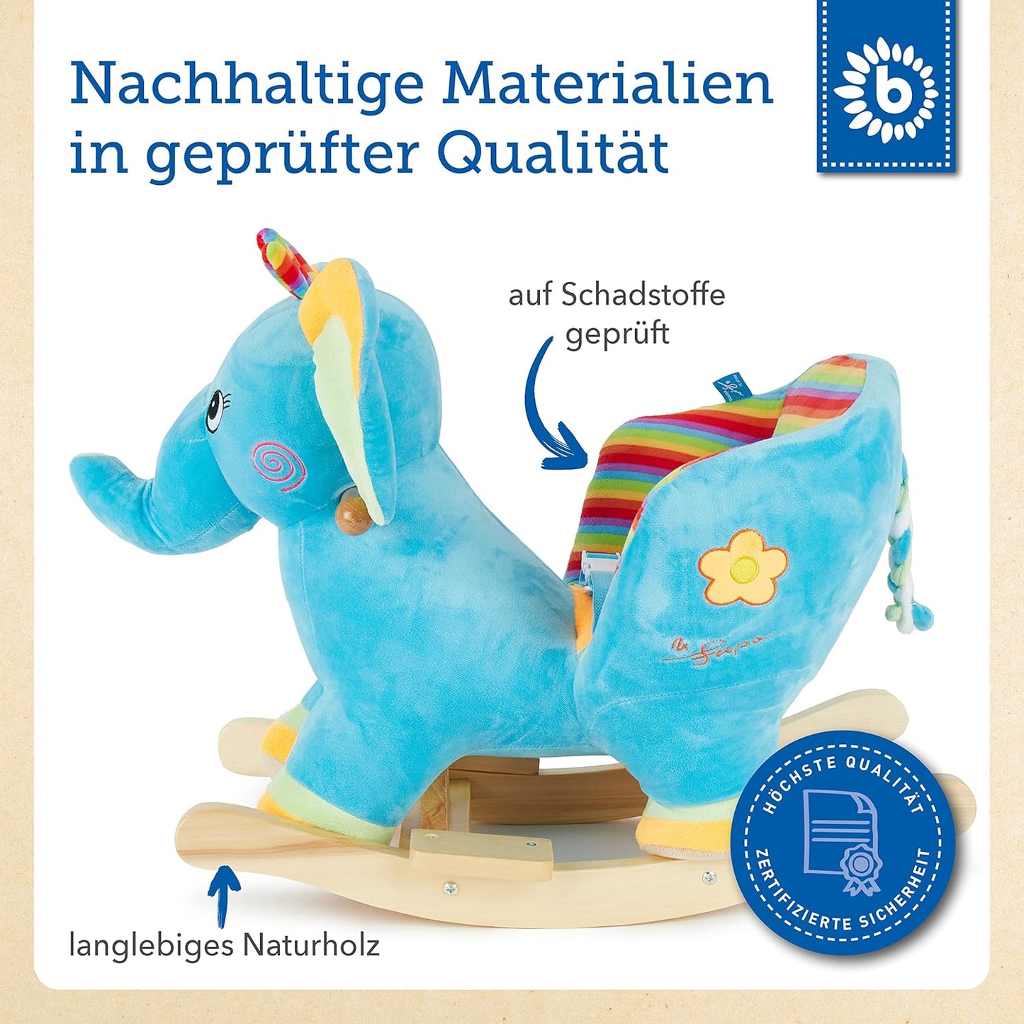 Plüsch-Schaukeltier Elefant, Mehrfarbig