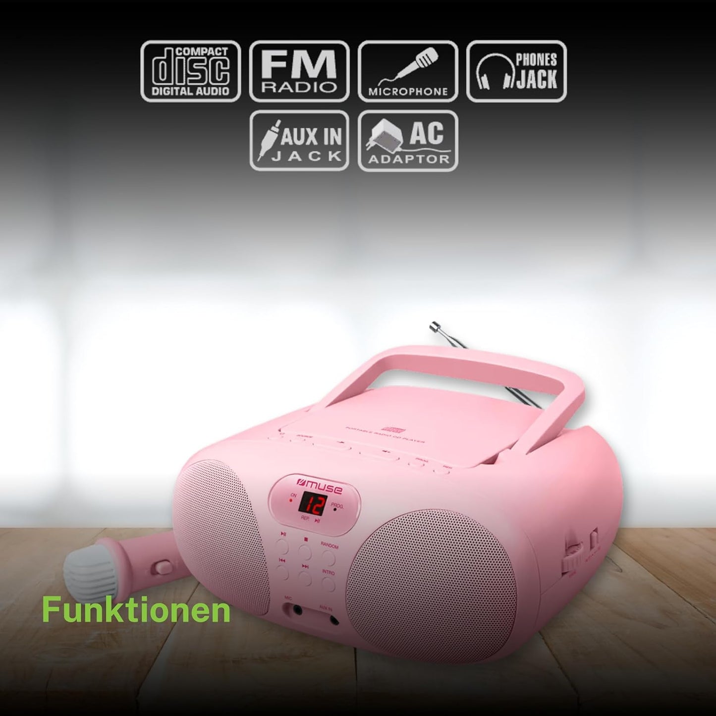 Radio und CD-Player mit Mikrofon und AUX-Anschluss, rosa