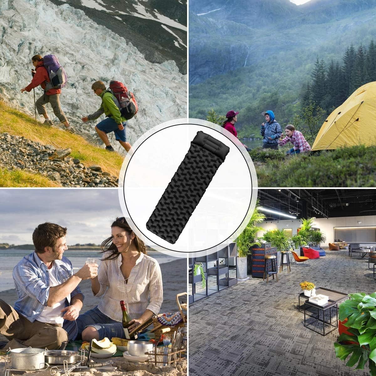 Aufblasbare Camping-Isomatte mit Kissen, Schwarz