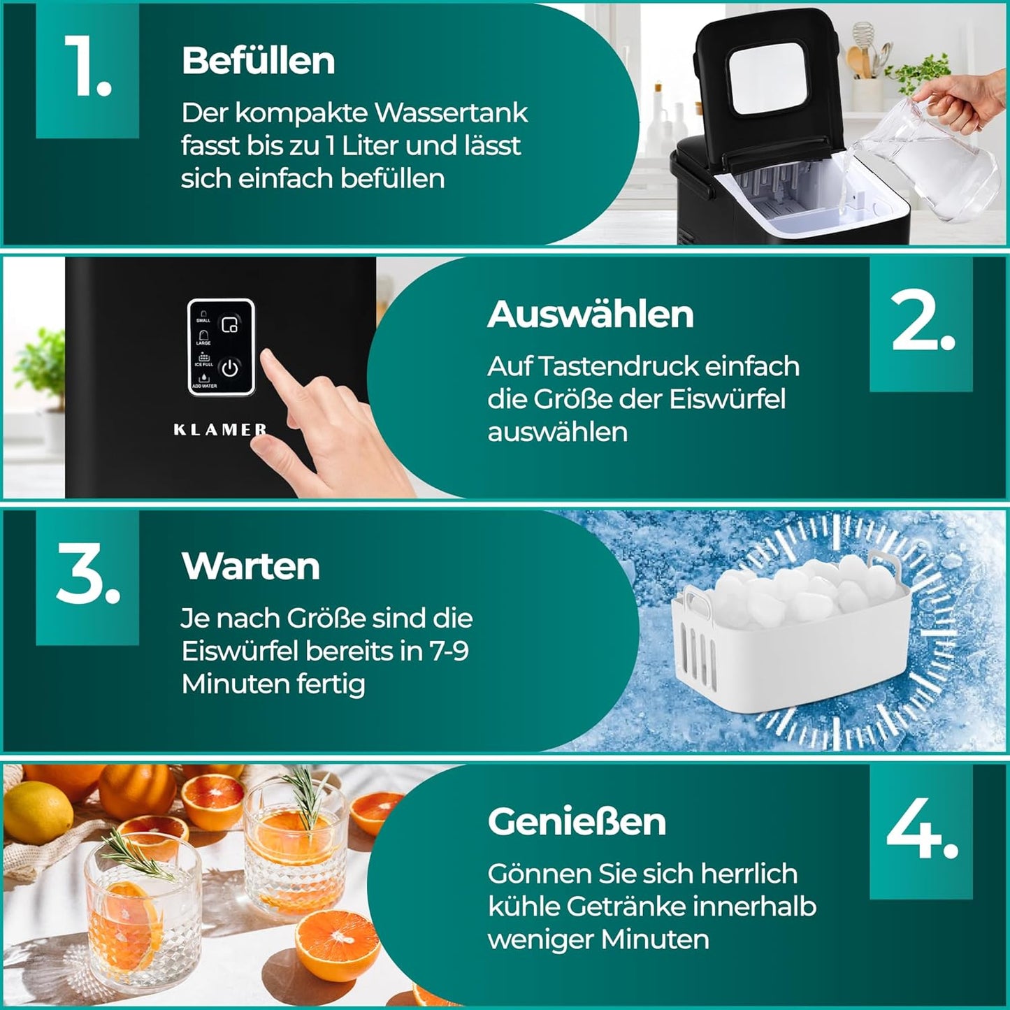 Eiswürfelmaschine, Schwarz 1L