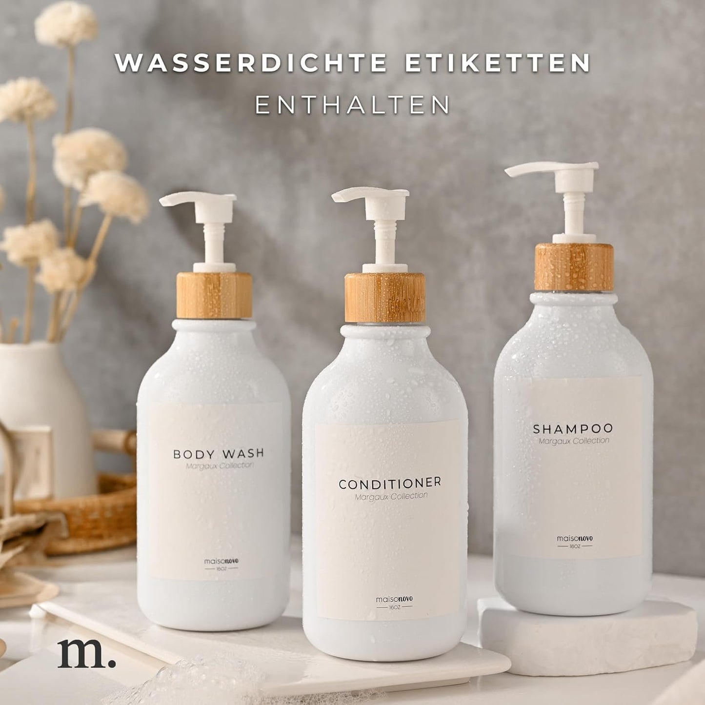 3er-Set Shampooflaschen zum Befüllen, Weisser Bambus 3er-set