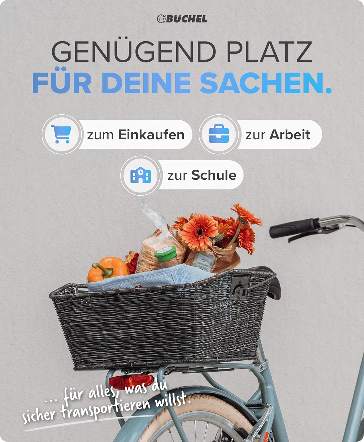 Abnehmbarer Fahrradkorb für hinten mit Halteclip, grau Single