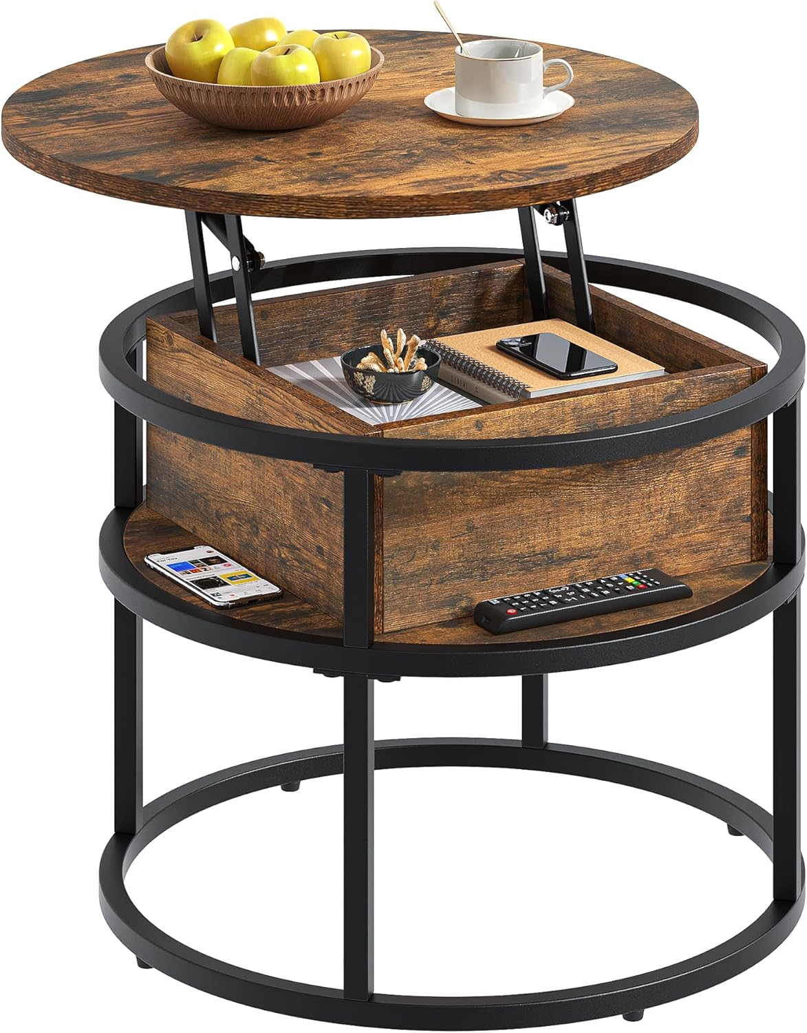Runder Couchtisch mit Hebeplatte und Stauraum, 60X60X47CM Rustikales Braun