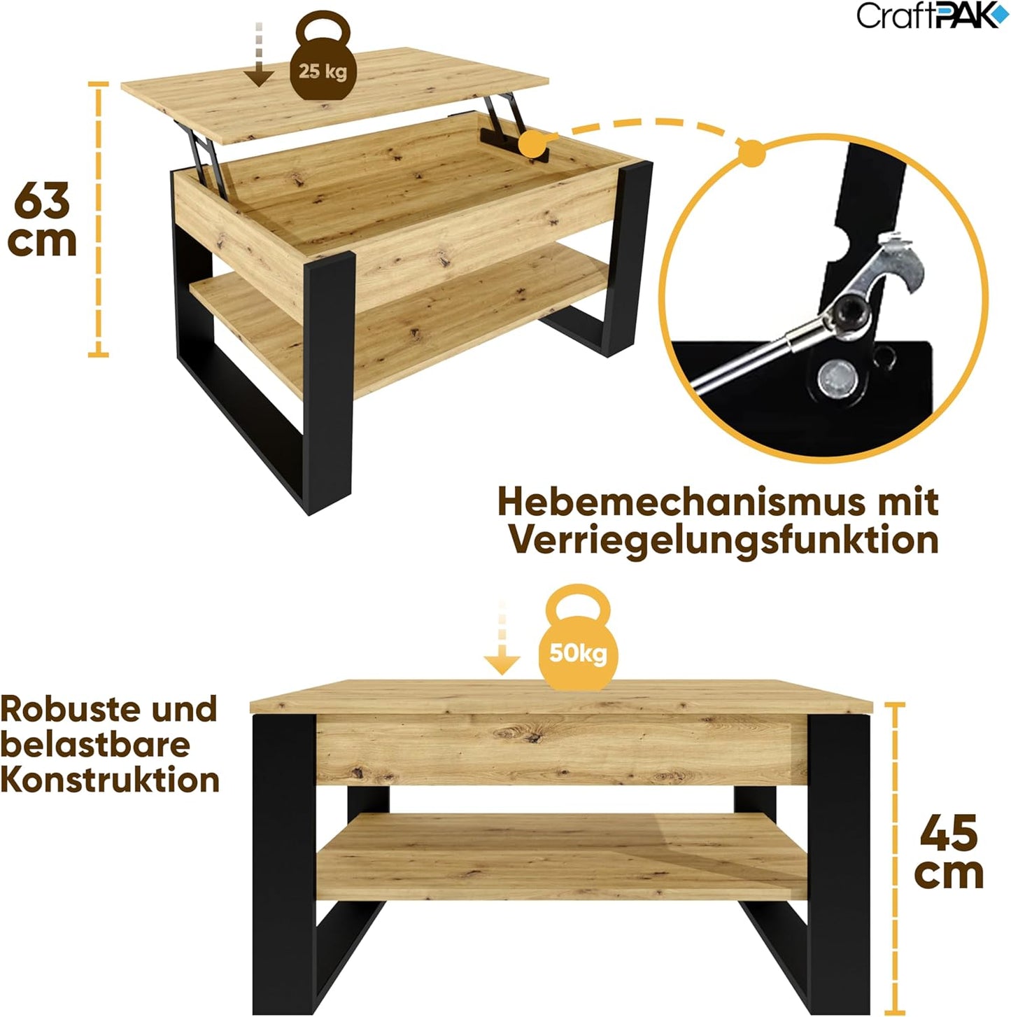 Höhenverstellbarer Couchtisch mit Stauraum, Artisan/Schwarz.