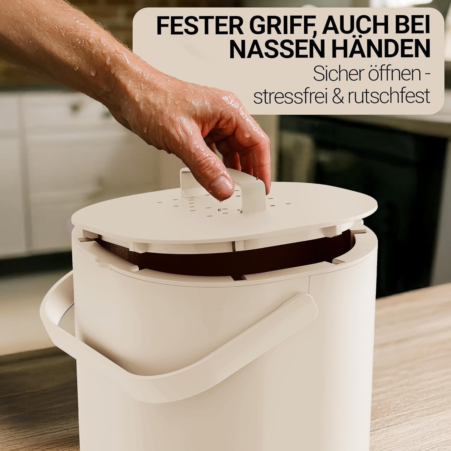 Biomülleimer mit Aktivkohlefilter, Beige mit Aktivkohlefilter