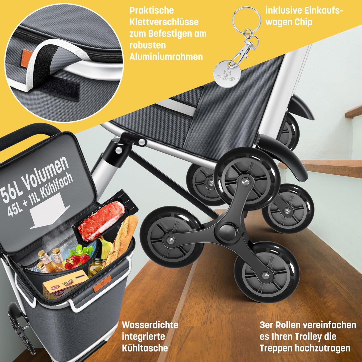 Einkaufstrolley Treppensteiger klappbar 3in1 (56L), Anthrazit