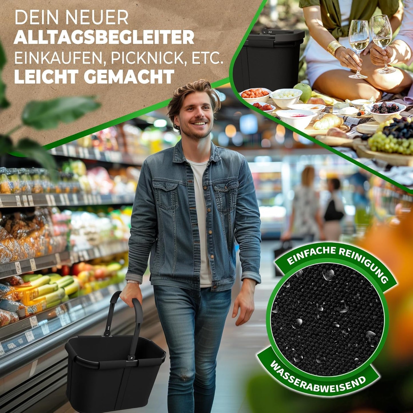 Stabiler Einkaufskorb mit Innentasche und Frontfach, Schwarz