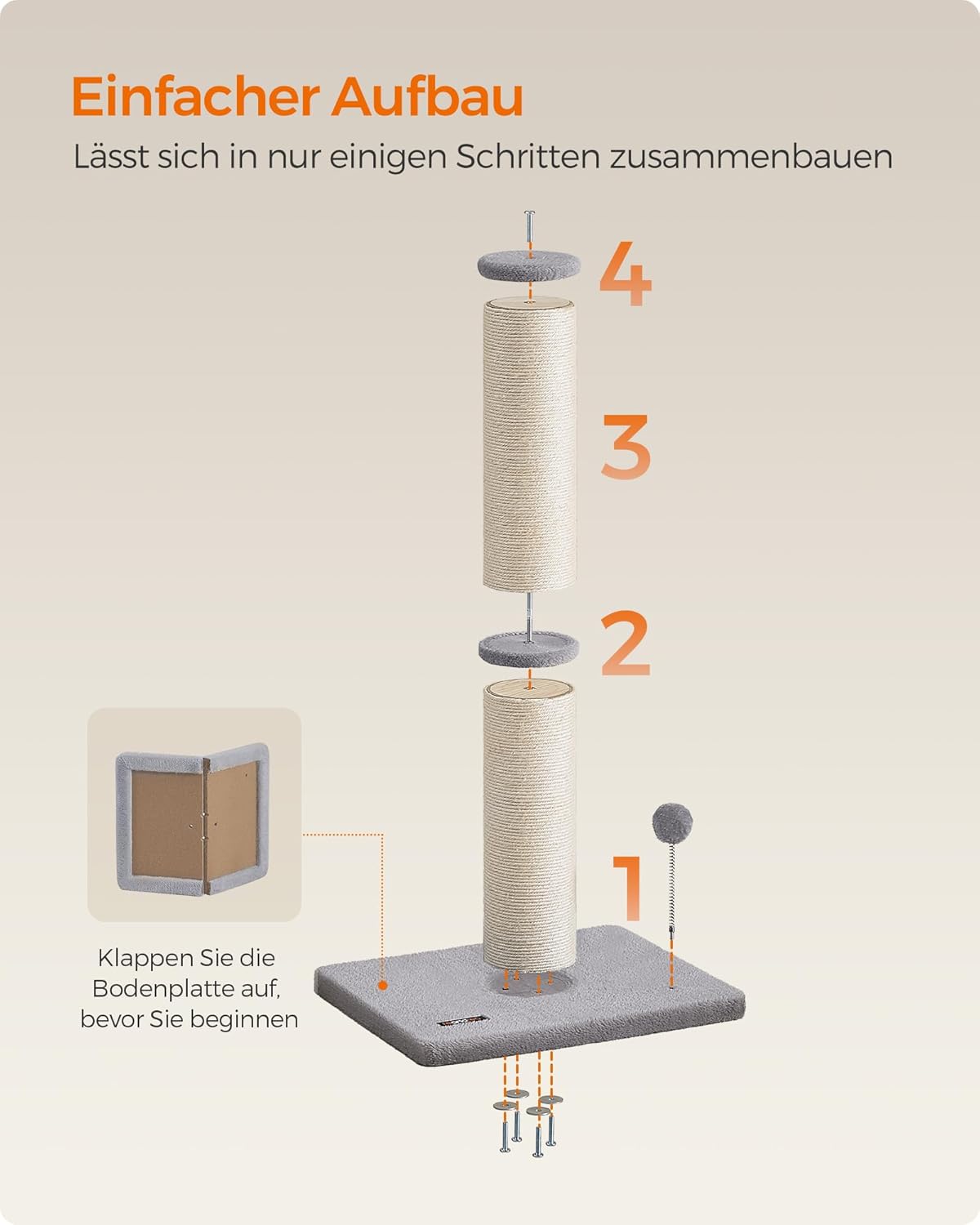 Kratzsäule mit Plüschball und Glocke, XL (13 cm Dia.) taubengrau