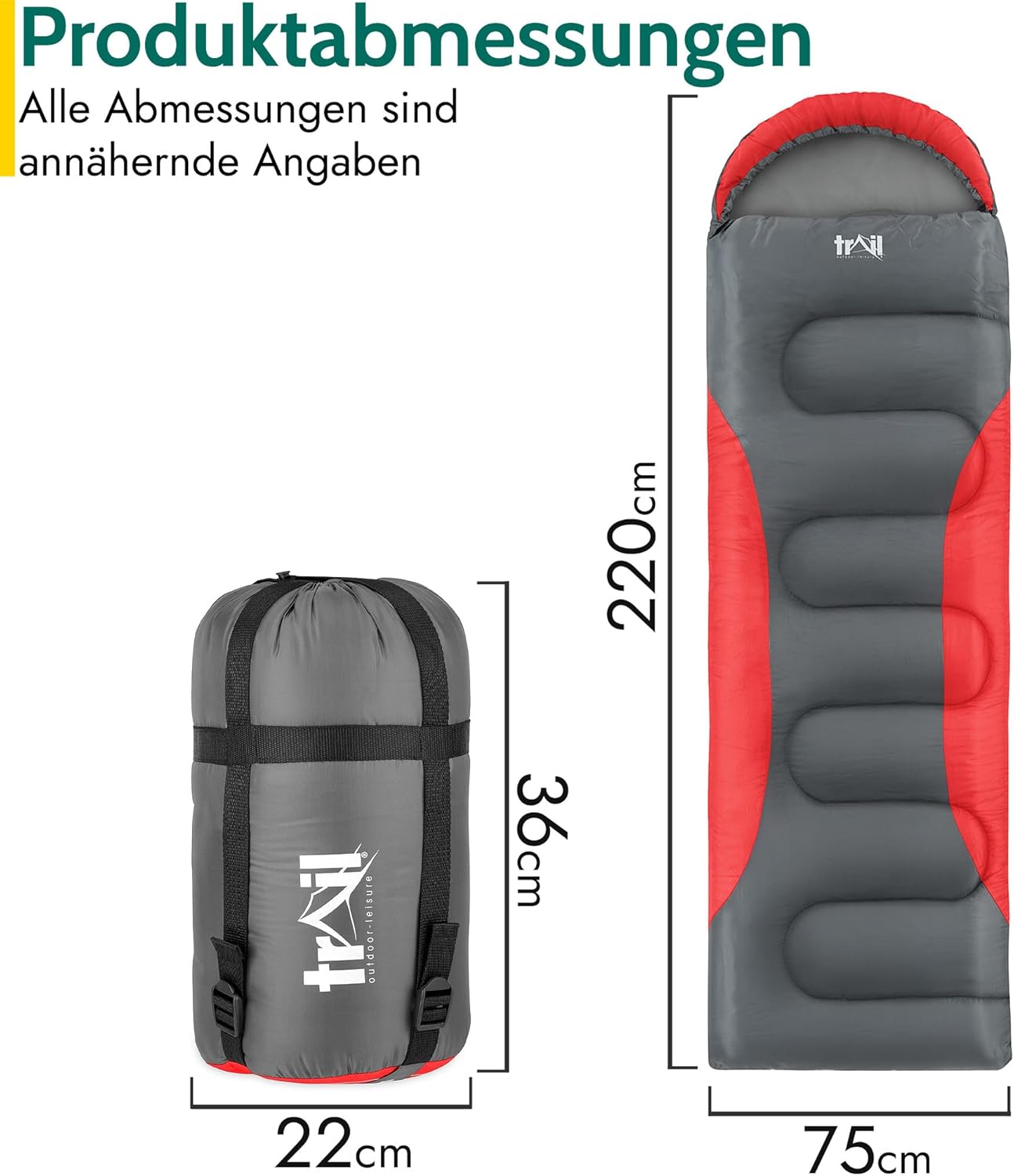 Trail-Alpin-Schlafsack mit Kapuze und Kompressionssack, Rot - 3 Jahreszeiten
