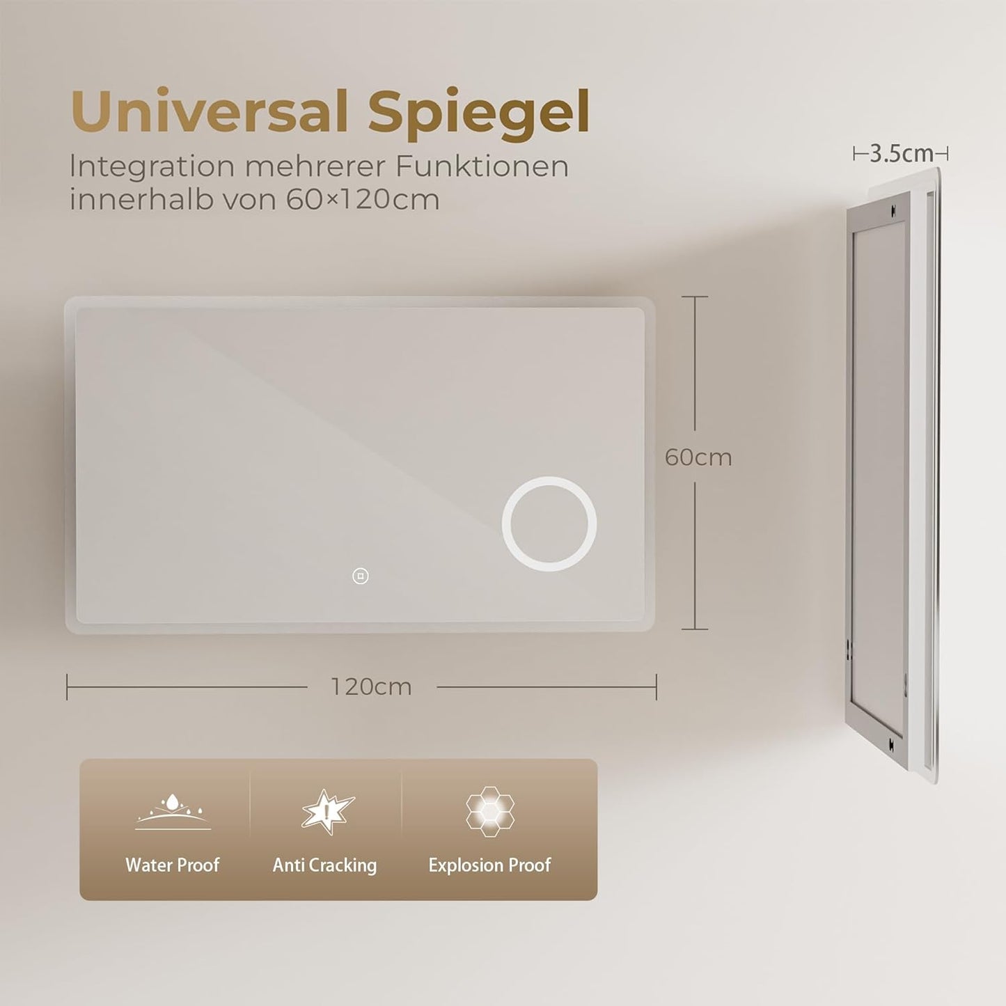Badspiegel mit LED-Beleuchtung, 3x Vergrösserung, 120x60cm, 120x60cm Mit 3x Vergrößerung