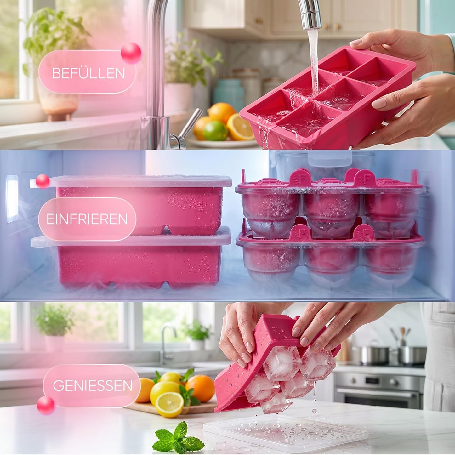 XXL Eiswürfel & Eiskugelform-Set, Pink 10x Kugel+Würfel