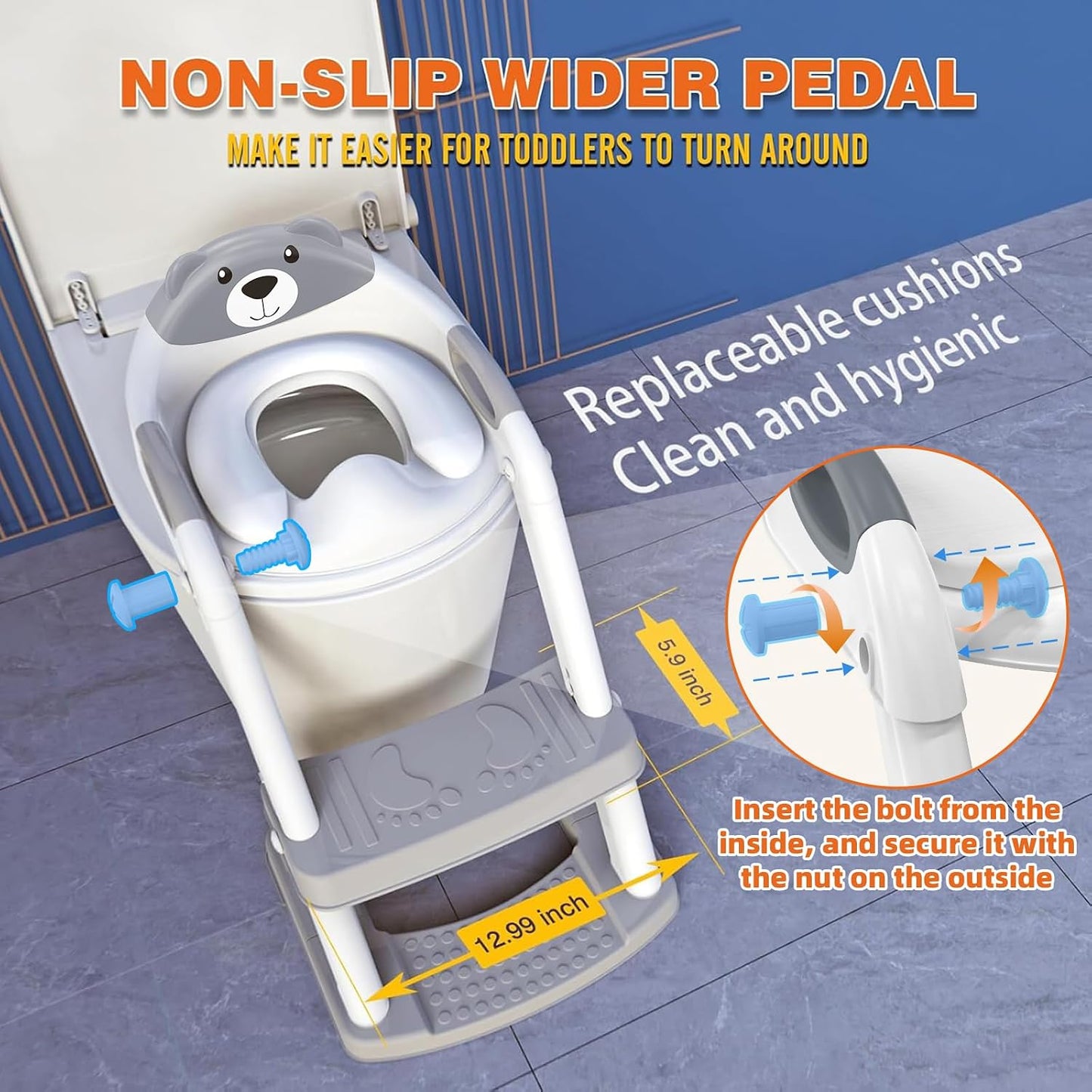 2-in-1 Toilettenaufsatz mit Treppe für Kinder, Grau-8898