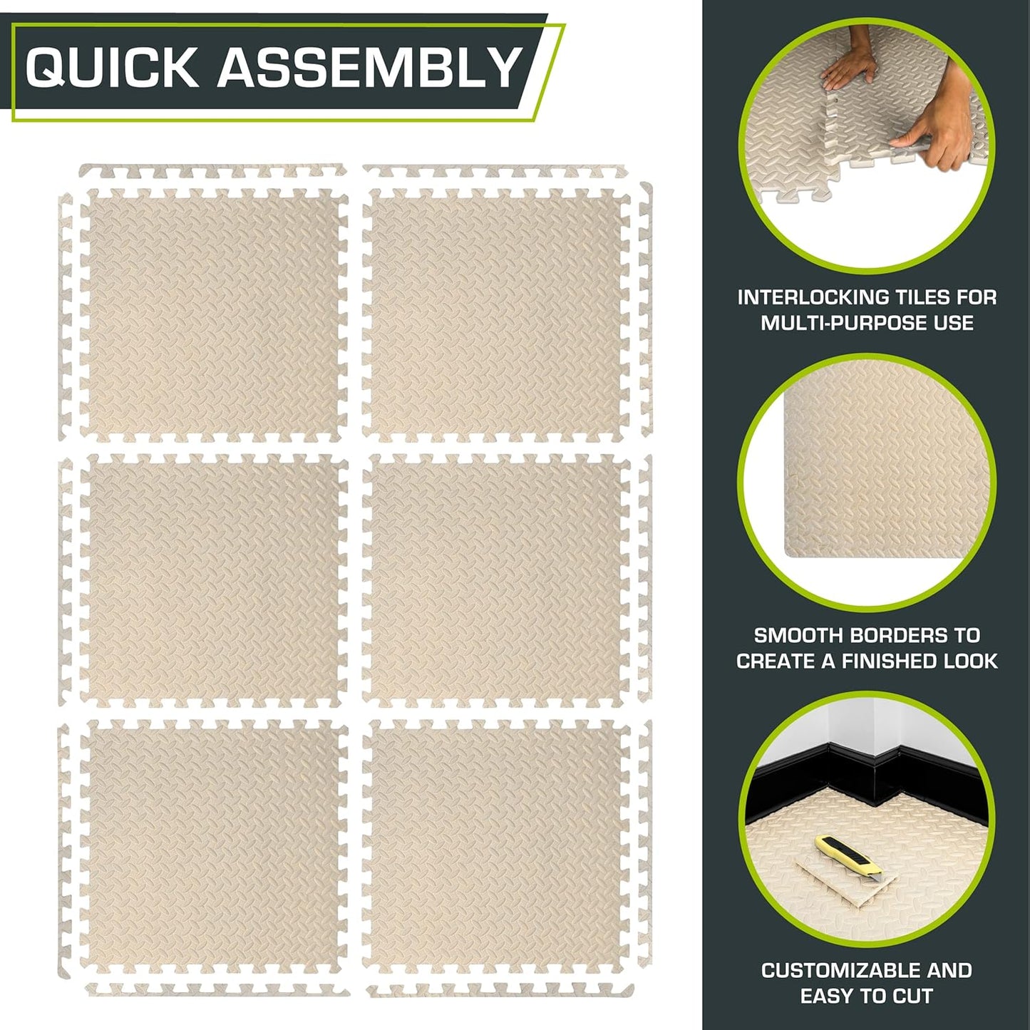 Interlocking Foam Fitnessmatte, Beige - 1/2 Inch - 24 Sq Ft - 6 Tiles