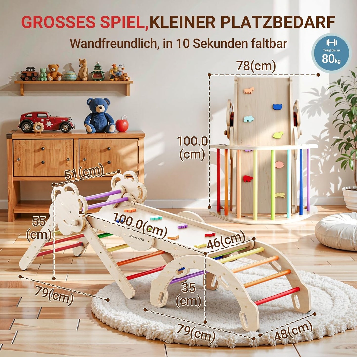 Klettergerüst mit Rutsche, L Natur/Mehrfarbig