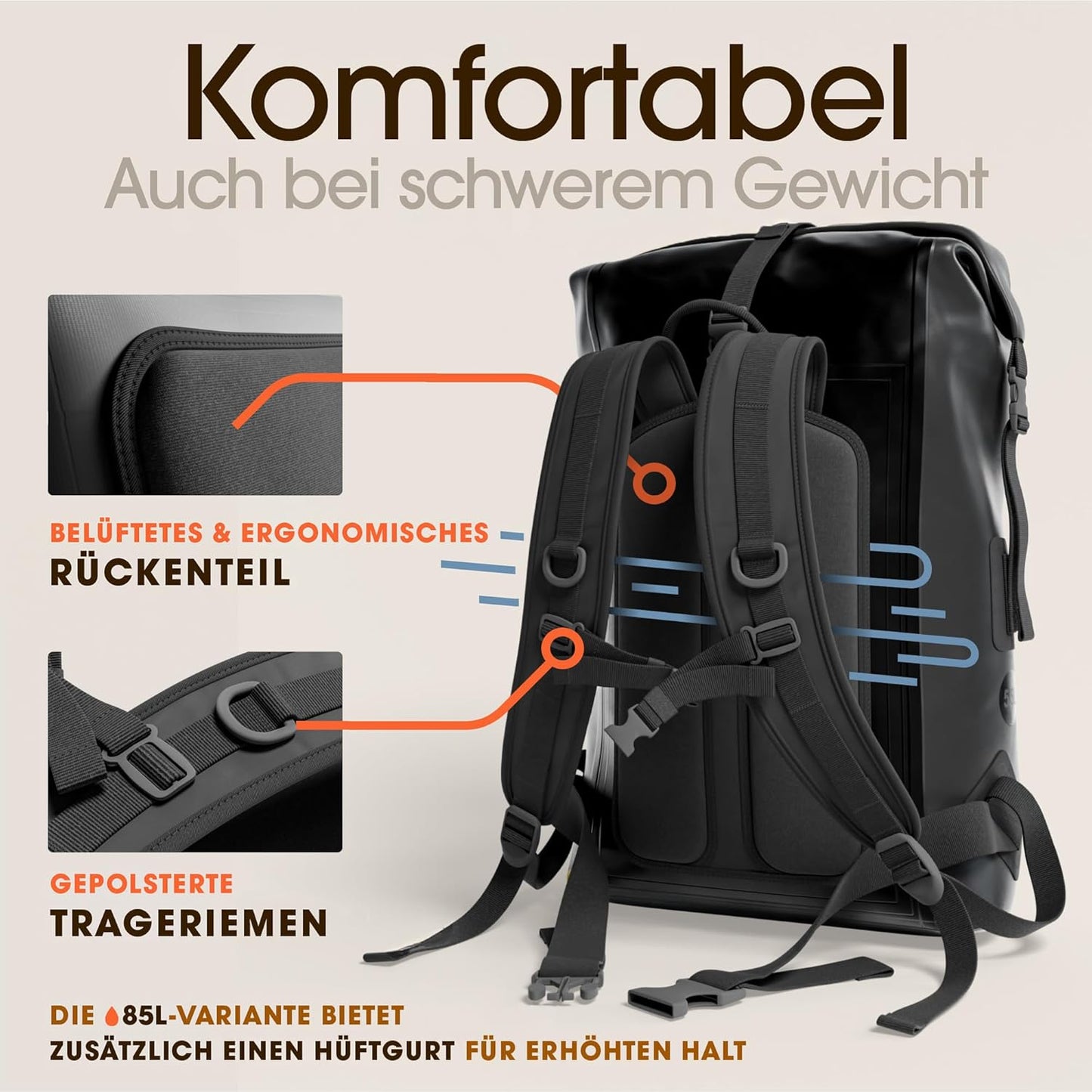 Wasserdichter Rucksack mit Rollverschluss und Handyhülle, 85L Schwarz