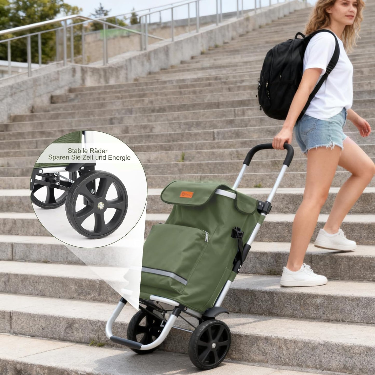 3in1 Einkaufstrolley, klappbar, mit Kühlfach, Olivgrün