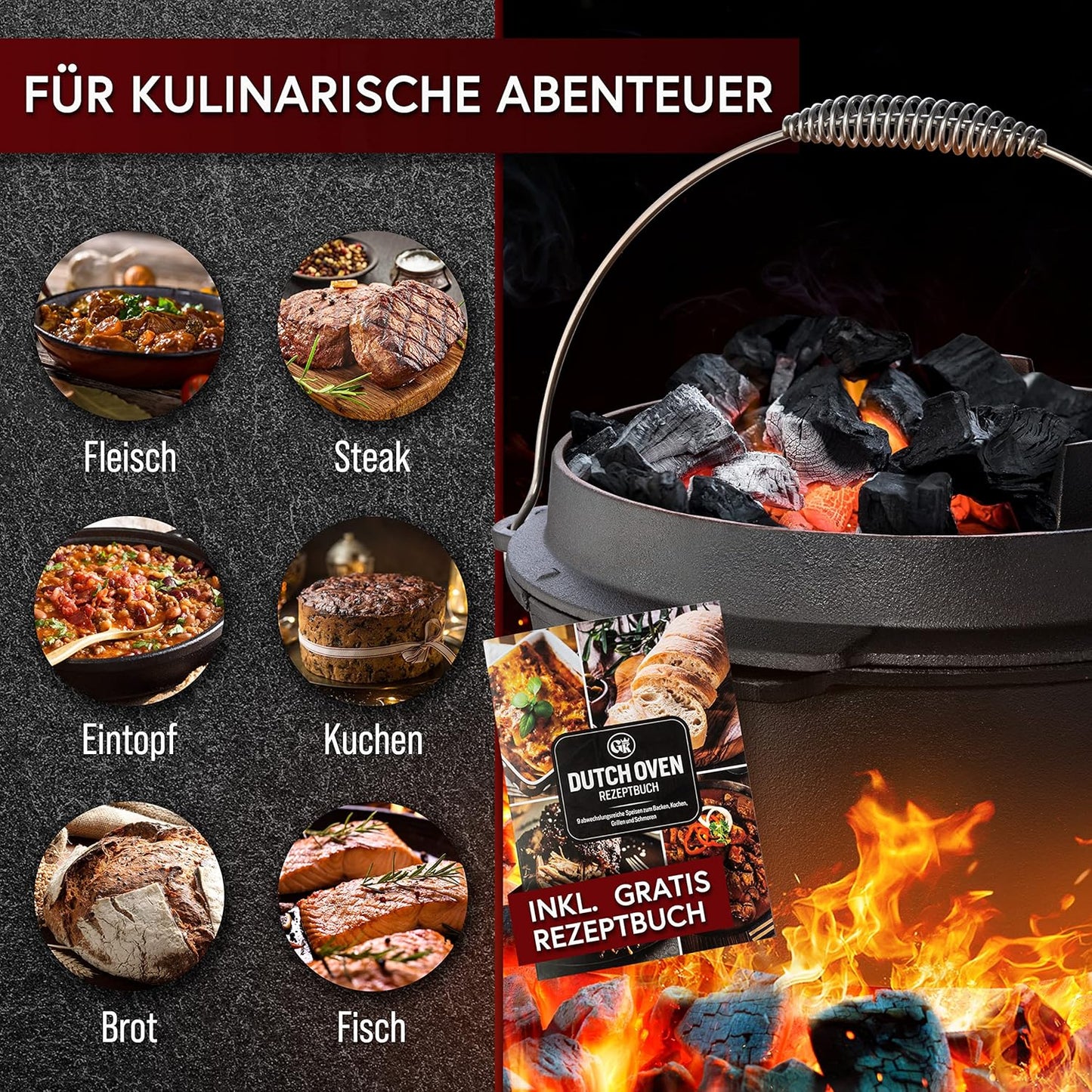 Dutch Oven Set, Topf ohne Fuss 9 Liter