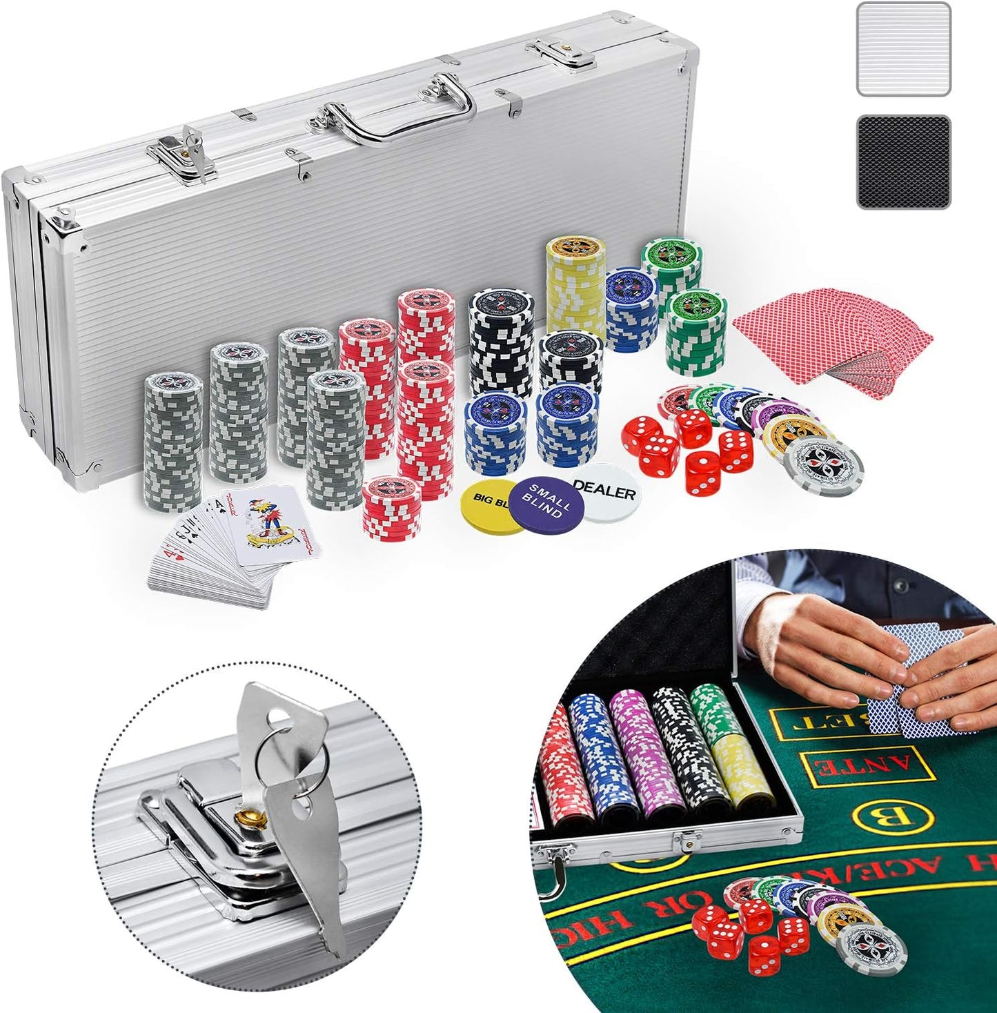 Pokerkoffer Set mit 500 Chips, 500 Chips, Silber Aluminium-gehäuse