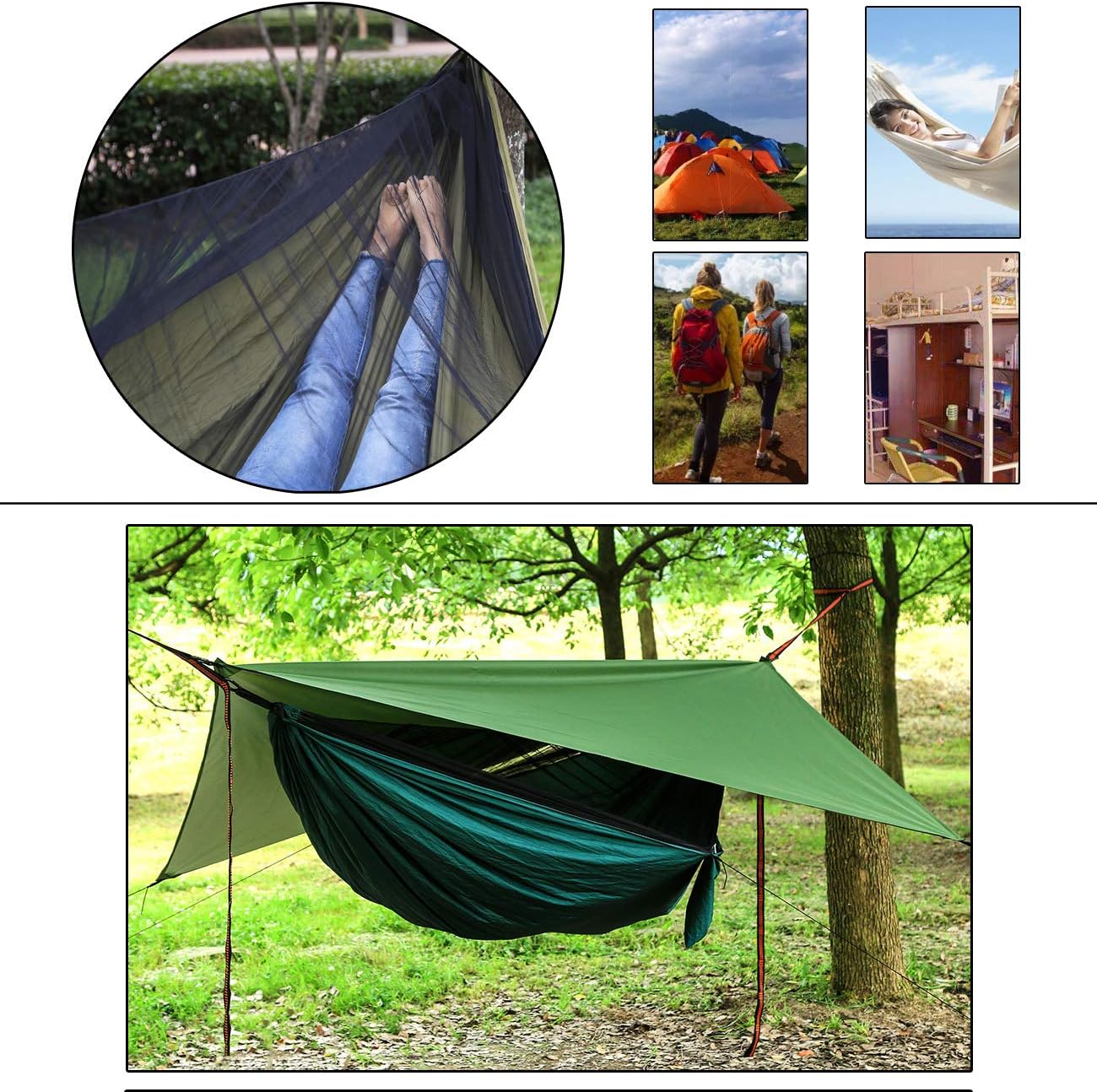 Camping-Hängematten-Set mit Moskitonetz und Regenfliege, Dunkelgrün