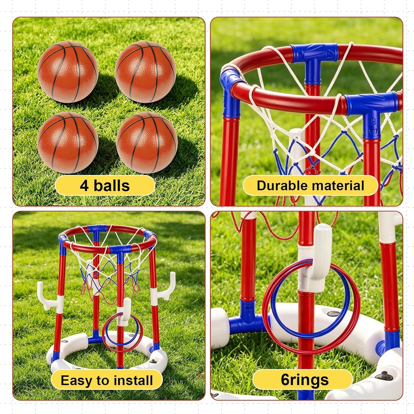 Pool-Basketballkorb mit 4 Bällen, 6 Ringen und Pumpe