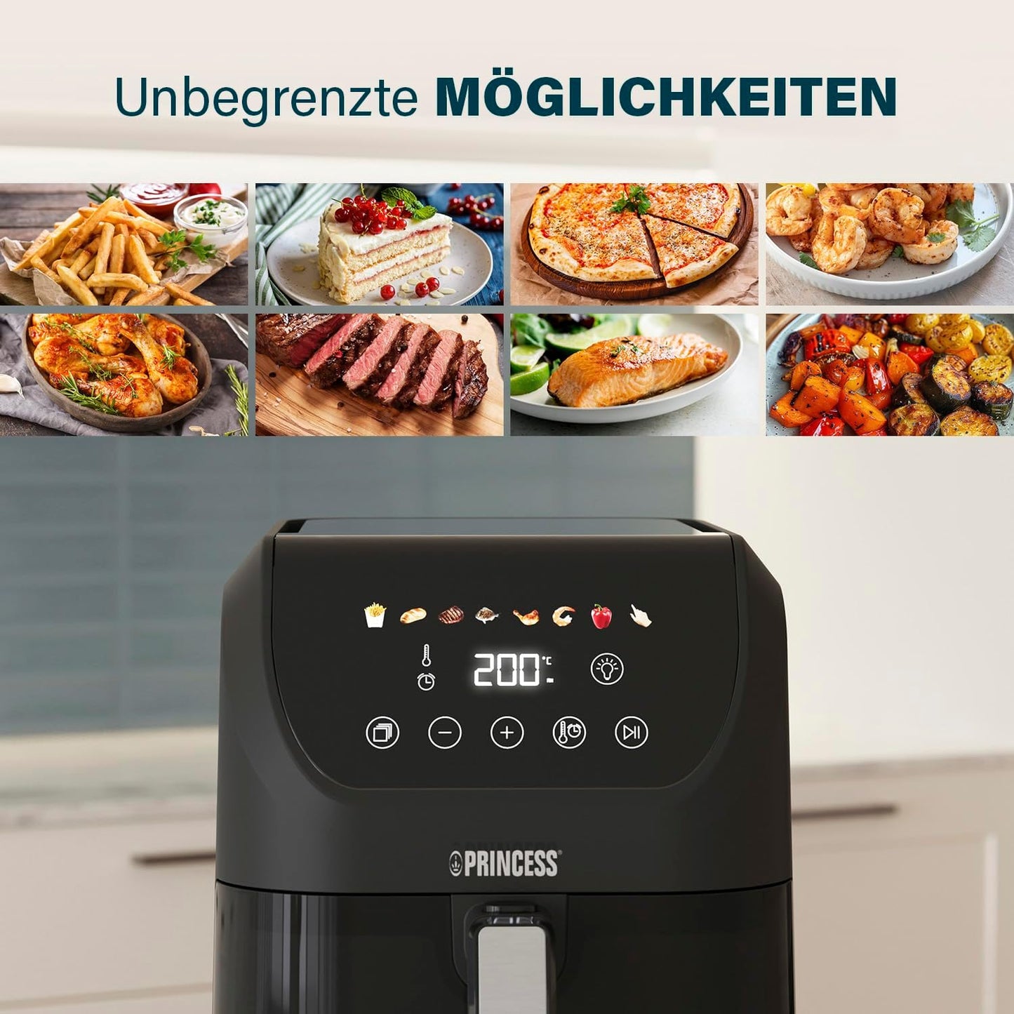 Slim Airfryer mit Antihaftbeschichtung, Bunte Symbole / 5L