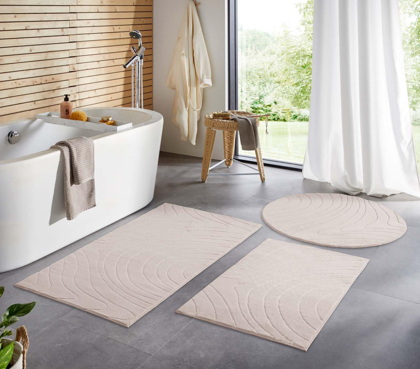 Waschbarer Badvorleger, 80x150 cm, Beige Abstrakte Wellen 80 x 150 cm (Rechteckig)